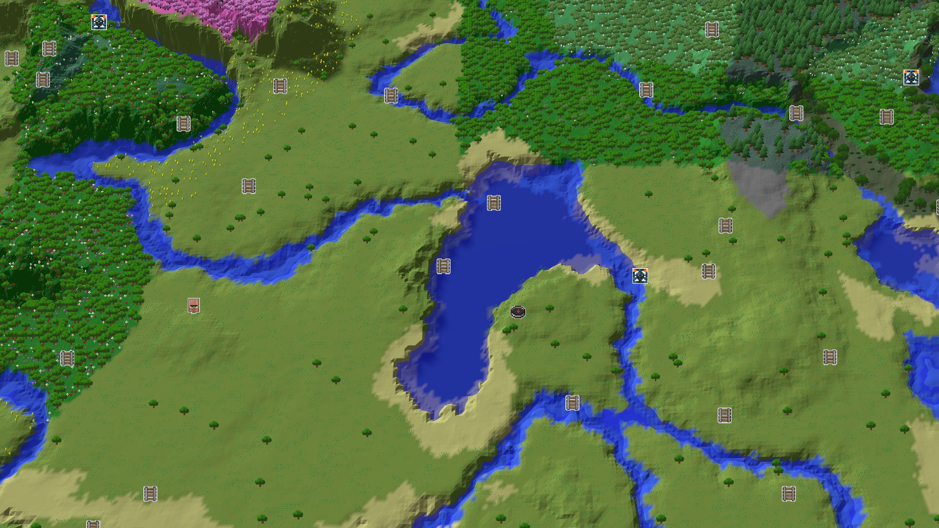 Aerial Minecraft seed map — Plains Spawn with a Close Amethyst Geode and a Nearby Village