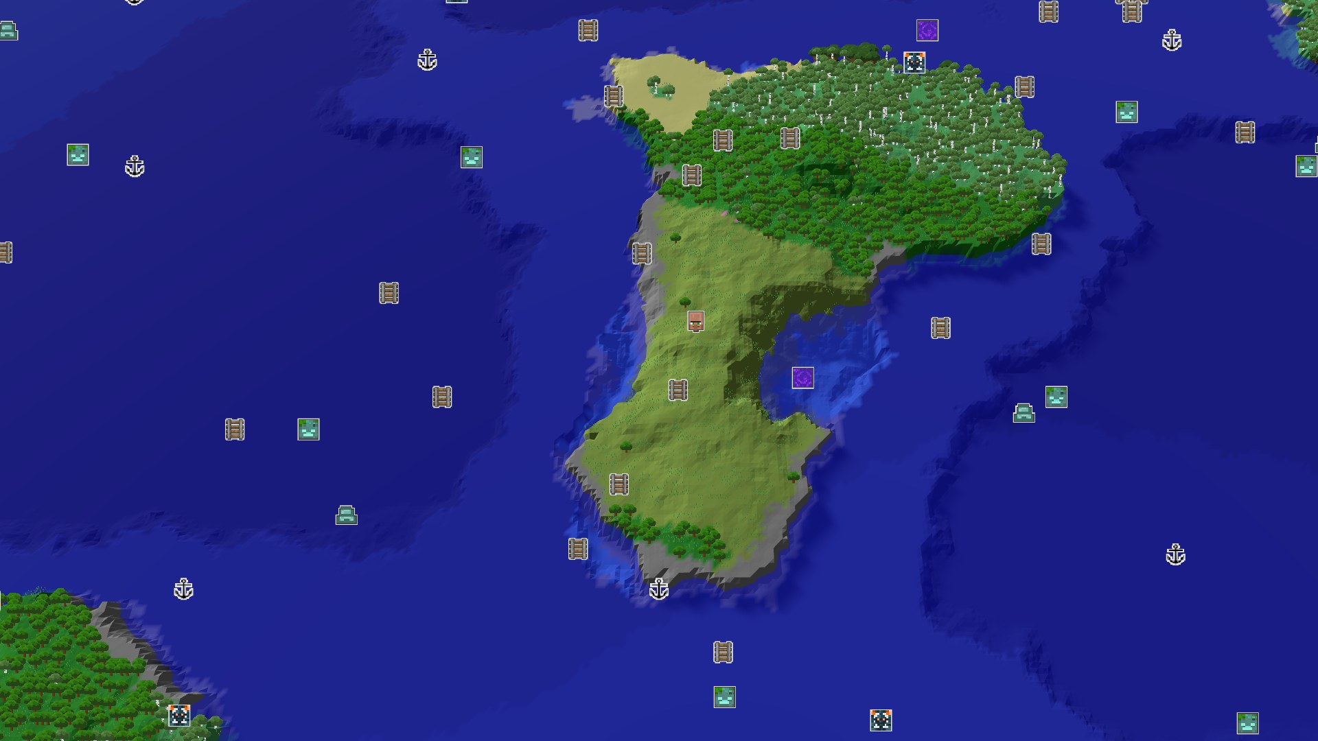 Aerial Minecraft seed map — Ocean Sprawl with Close Structures