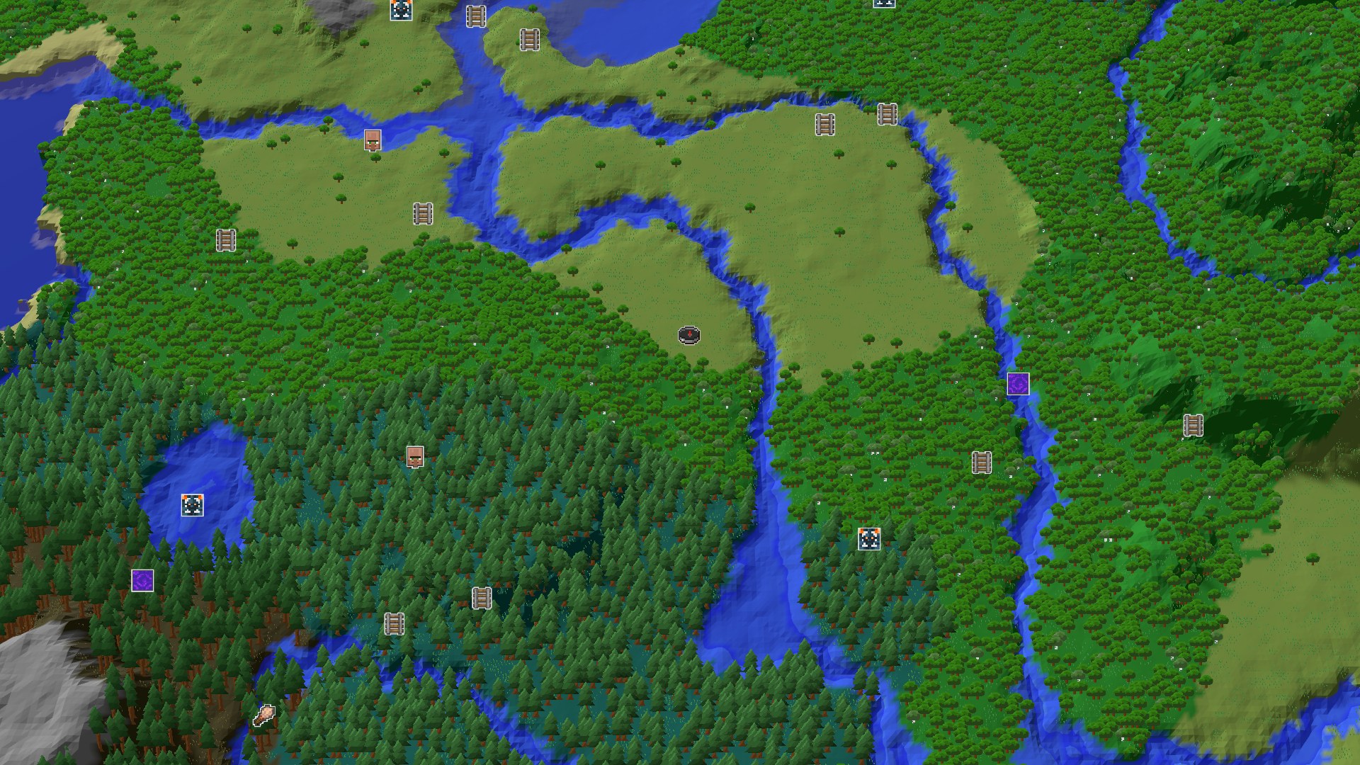 Aerial Minecraft seed map — A Lush Forest with Nearby Geode and Trial Chambers