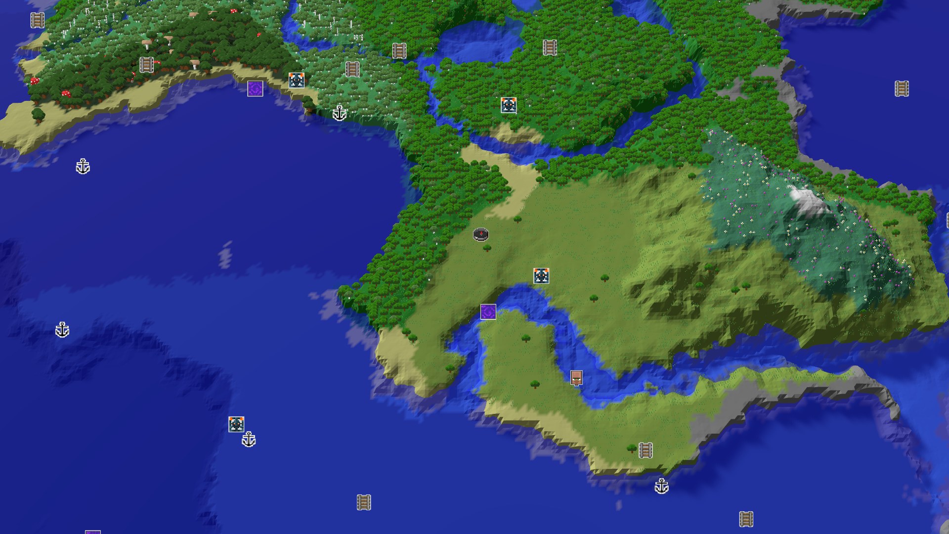 Aerial Minecraft seed map — Spawn Next to an Amethyst Geode and Coastal Forests