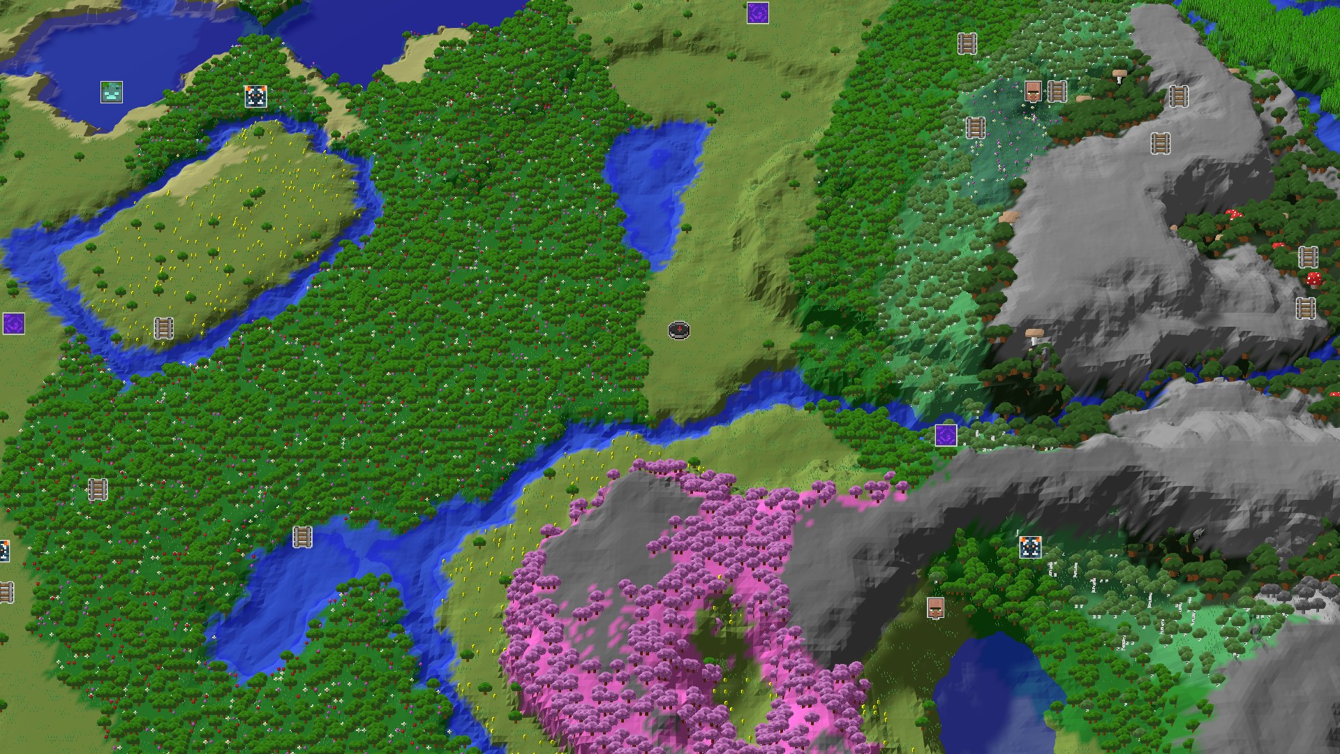Aerial Minecraft seed map — Cherry Grove and Geode Close to a Plains Spawn