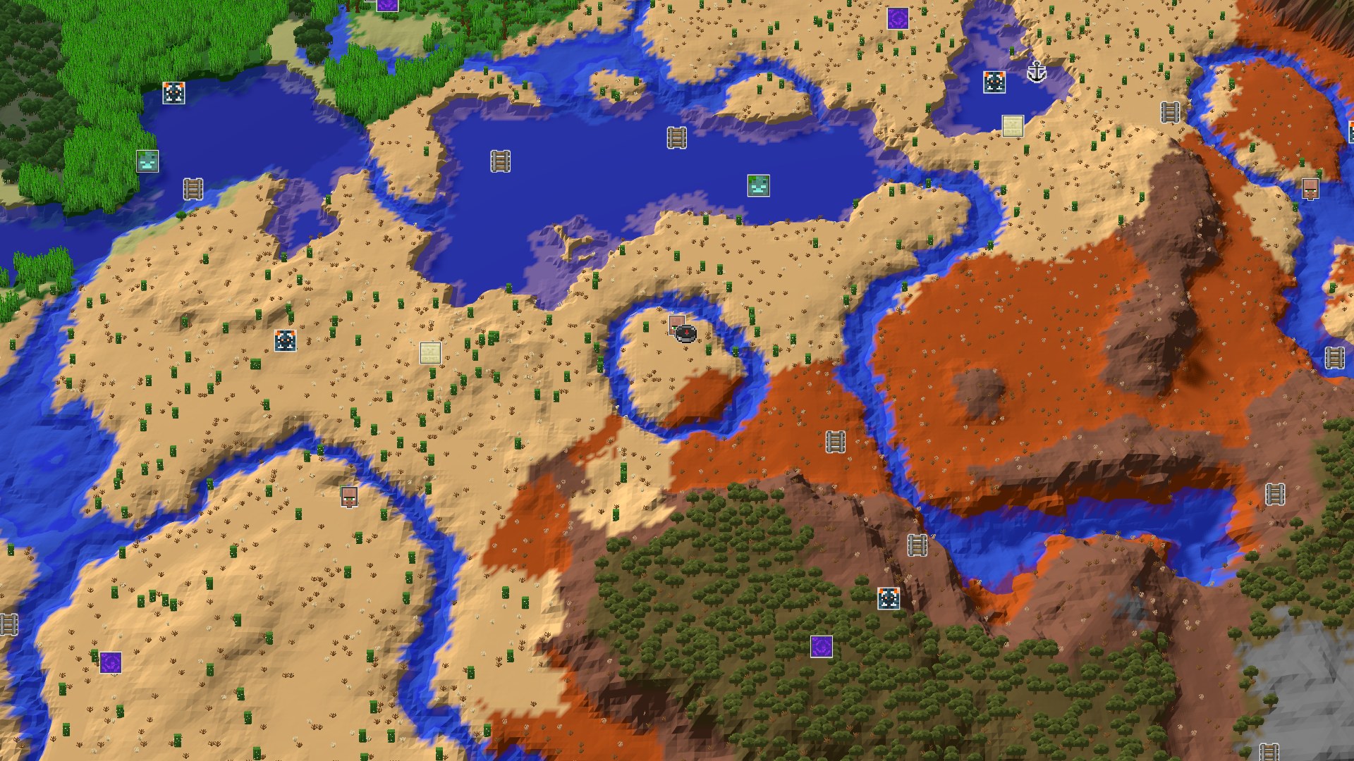 Aerial Minecraft seed map — Desert Spawn with Nearby Badlands and a Village