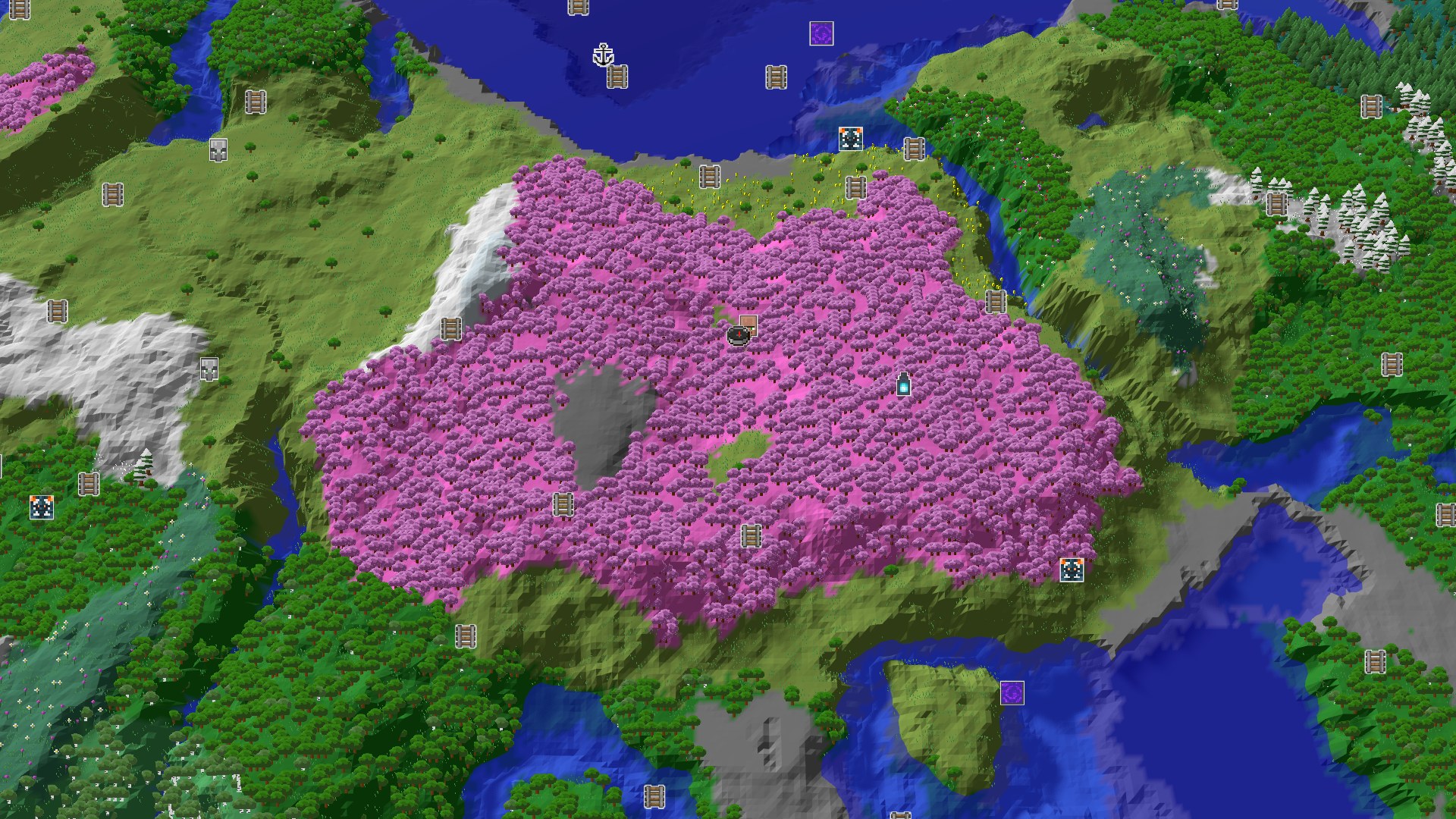 Aerial Minecraft seed map — Cherry Grove Spawn with Nearby Village and Ancient City