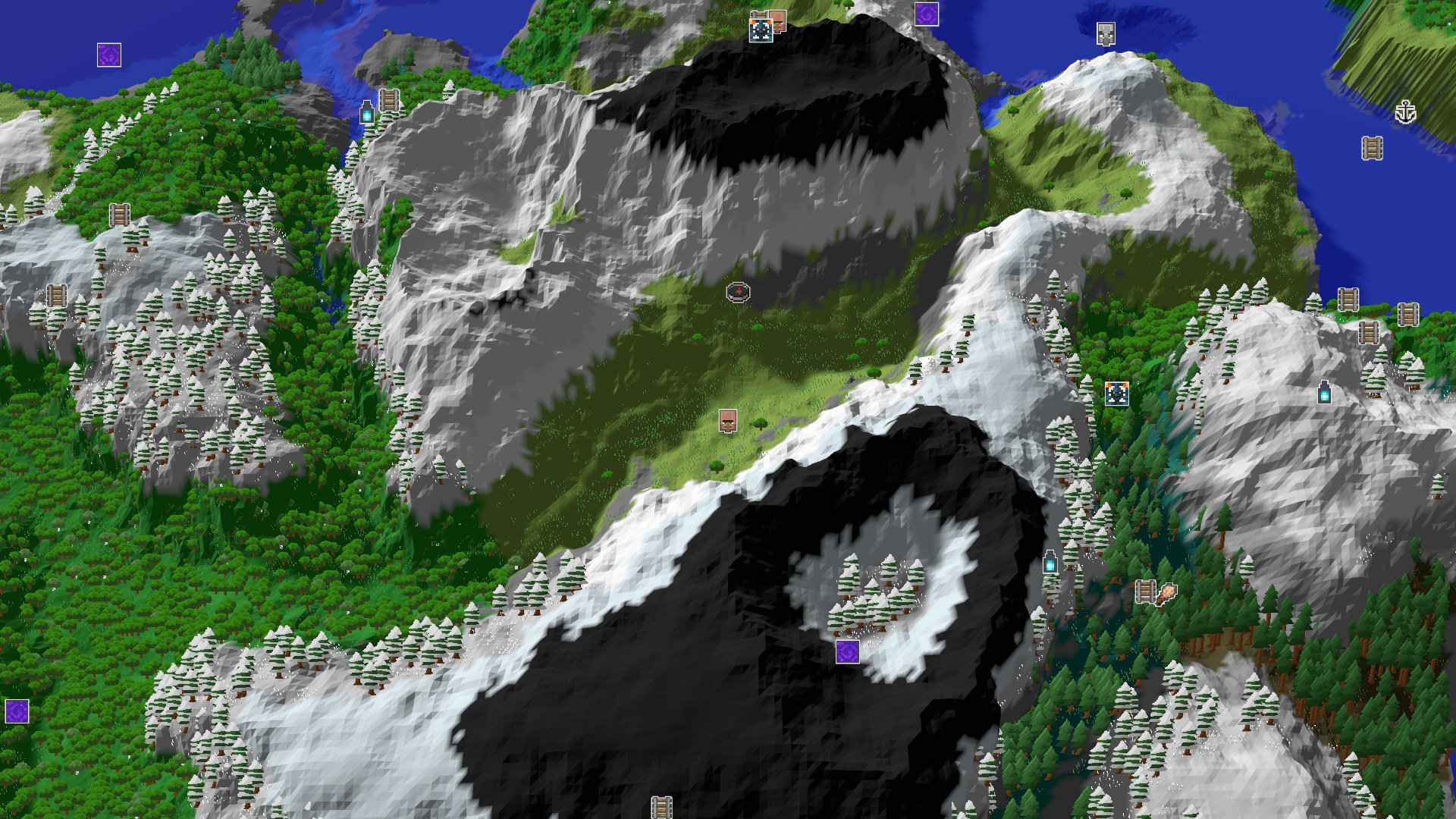 Aerial Minecraft seed map — A Mountainous Start with Plains and Nearby Treasures