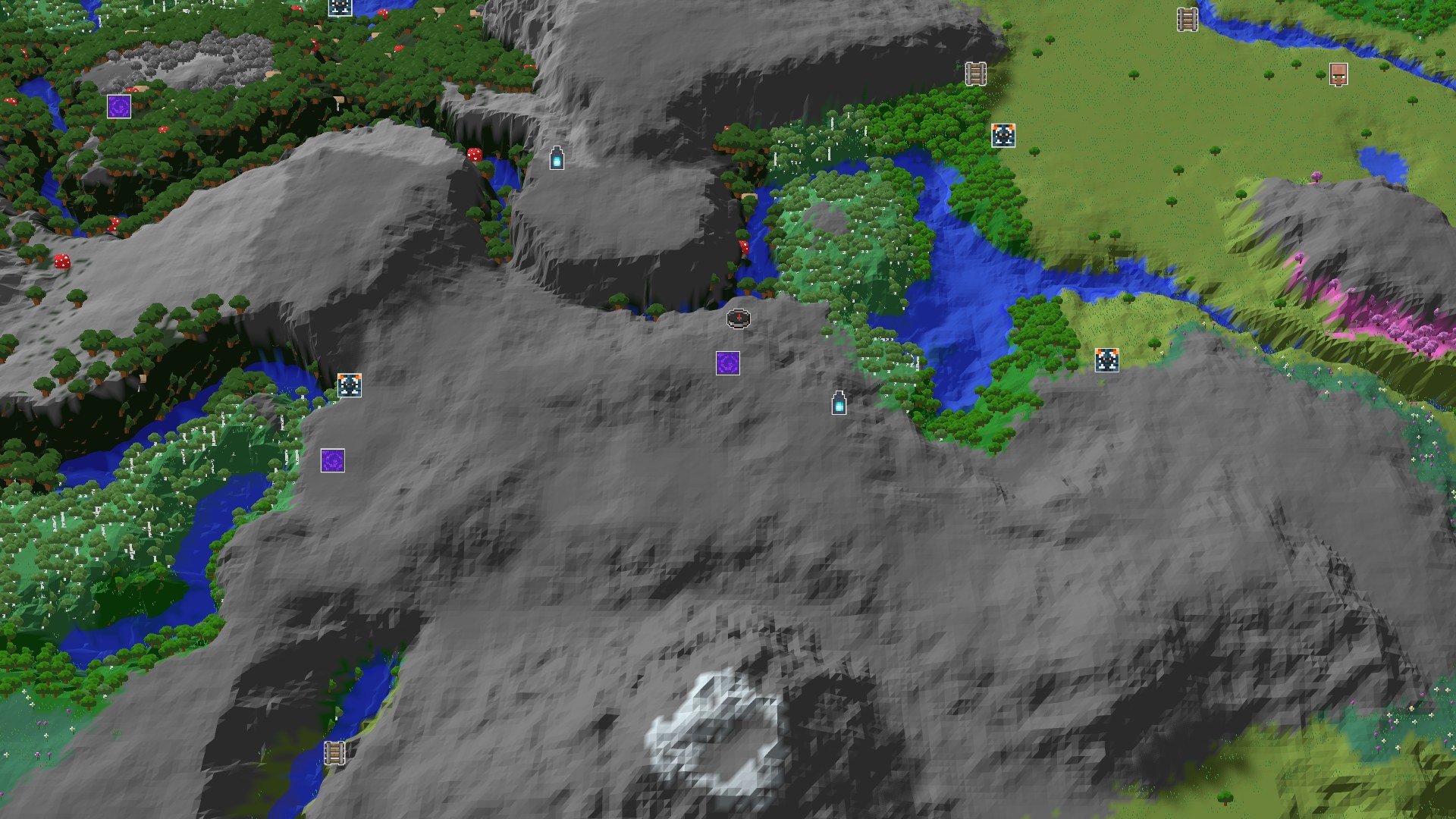 Aerial Minecraft seed map — A Mountainous Start with Nearby Amethyst