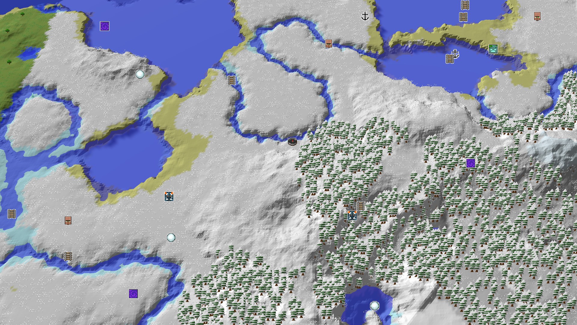 Aerial Minecraft seed map — A Frozen Start with Nearby Underground Treasures