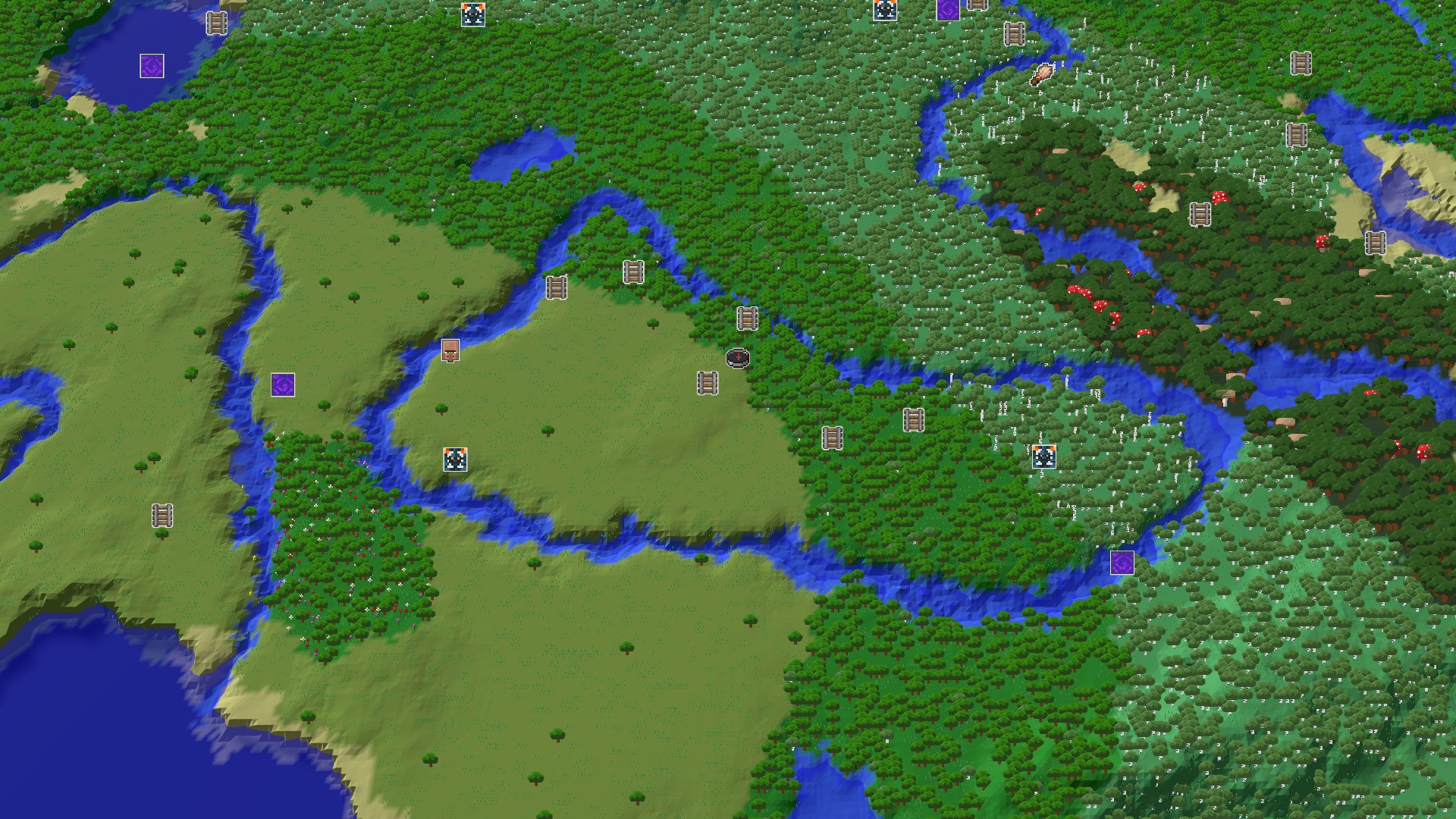 Aerial Minecraft seed map — A Wooded Start with Nearby Amethyst and Mineshafts