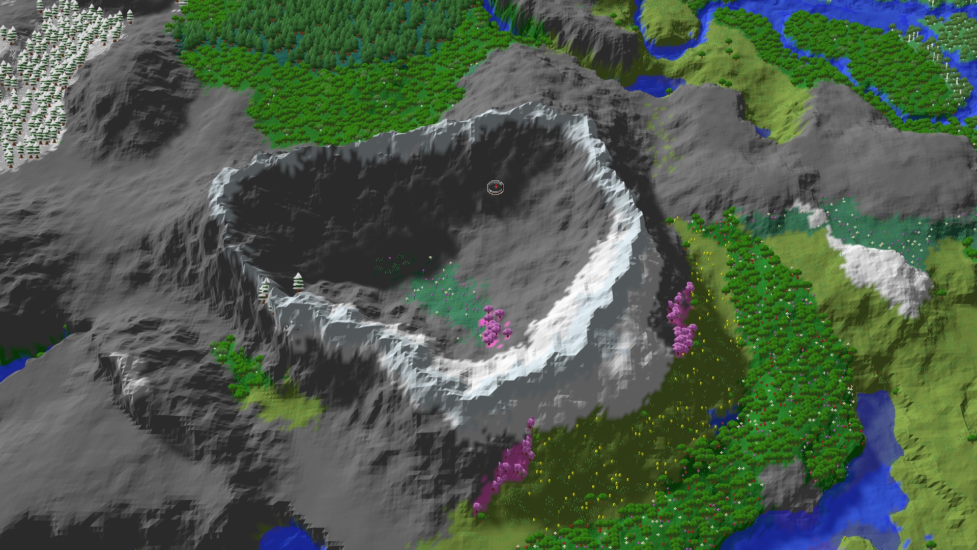 Aerial Minecraft seed map — A Mountainous Ring with a Hidden Cherry Grove