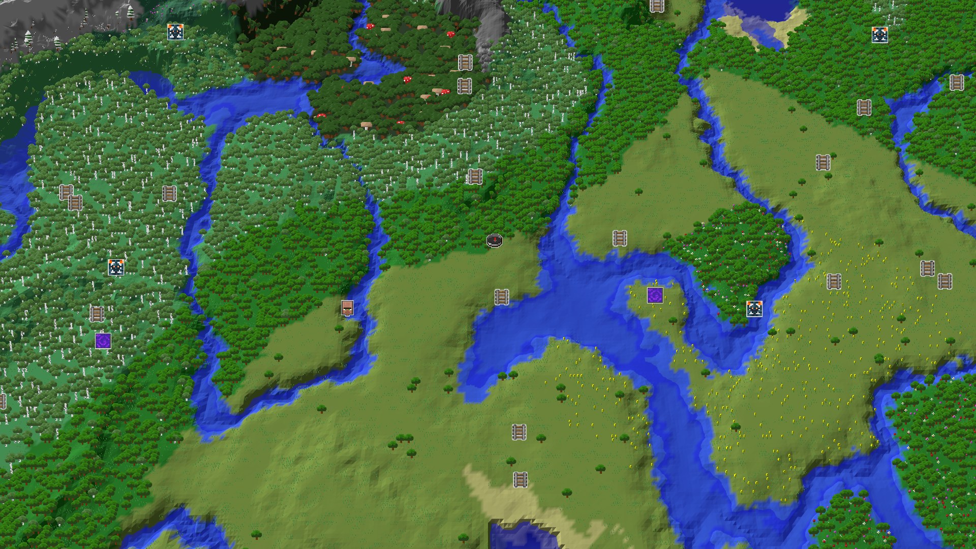 Aerial Minecraft seed map — Plains Spawn with Nearby Geode and Mountain Views