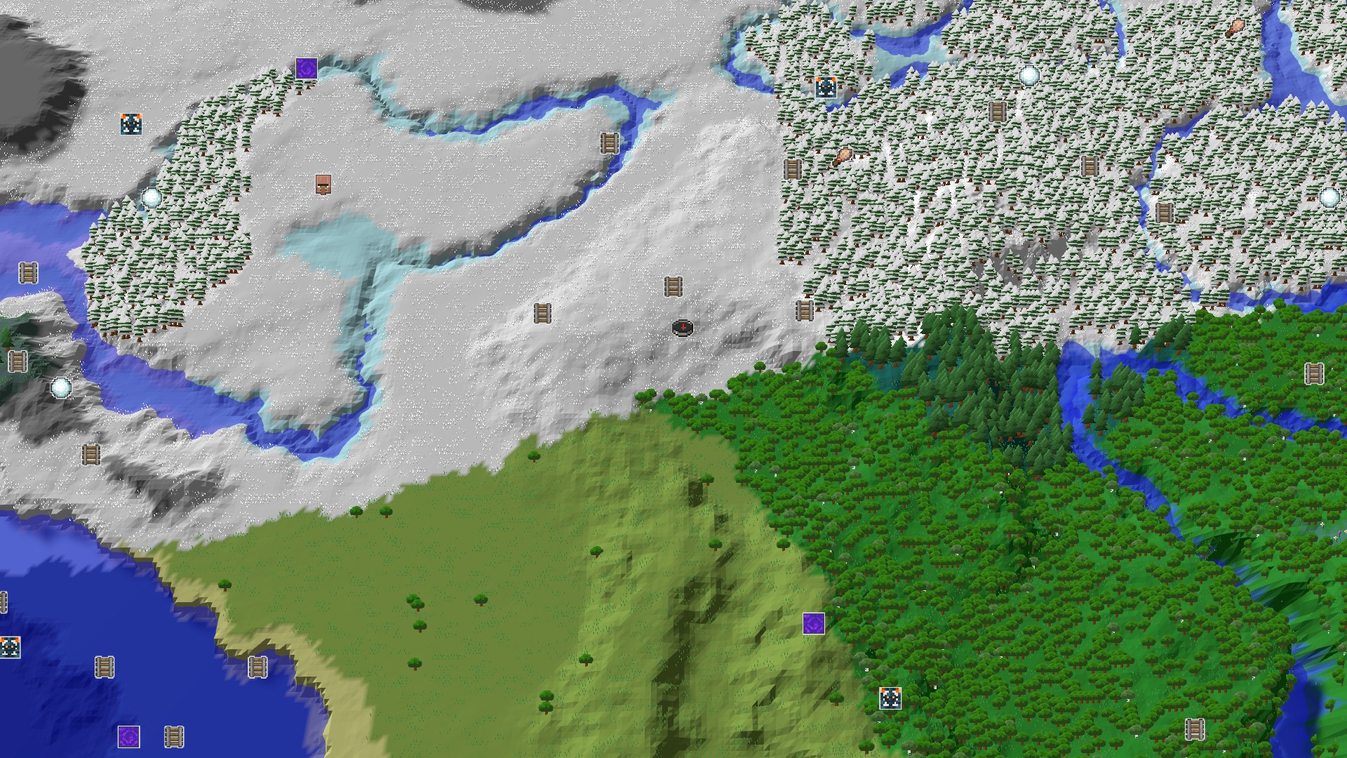 Aerial Minecraft seed map — A Snowy Start with Close Underground Treasures