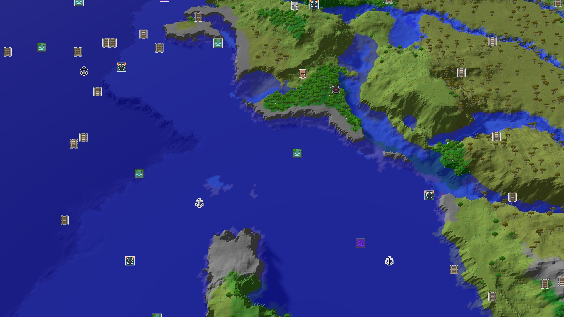 A 3D overhead view of a diverse landscape featuring a prominent central forest, surrounded by various green biomes, clear blue water, and gentle hills. A small spawn marker is visible in the forest.
