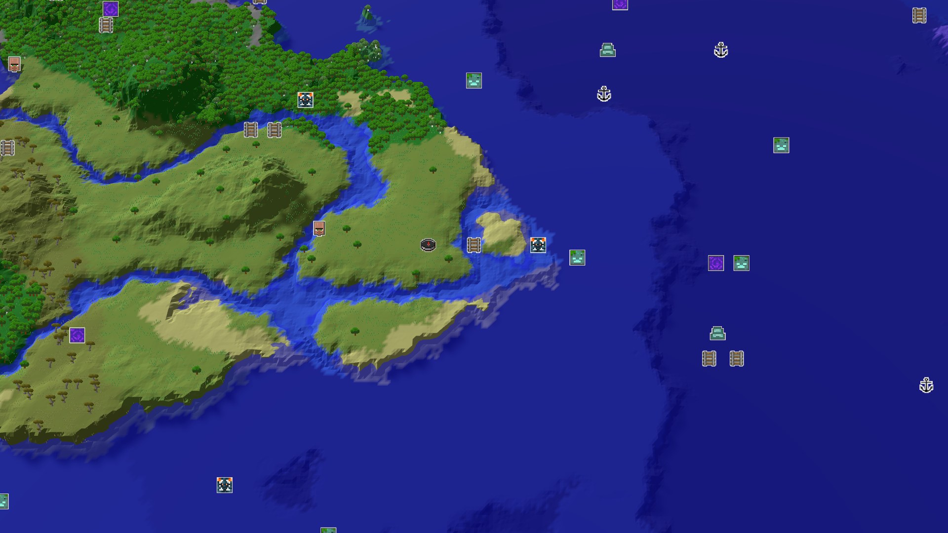 Aerial Minecraft seed map — A Village and Mineshaft Start with Nearby Oceans