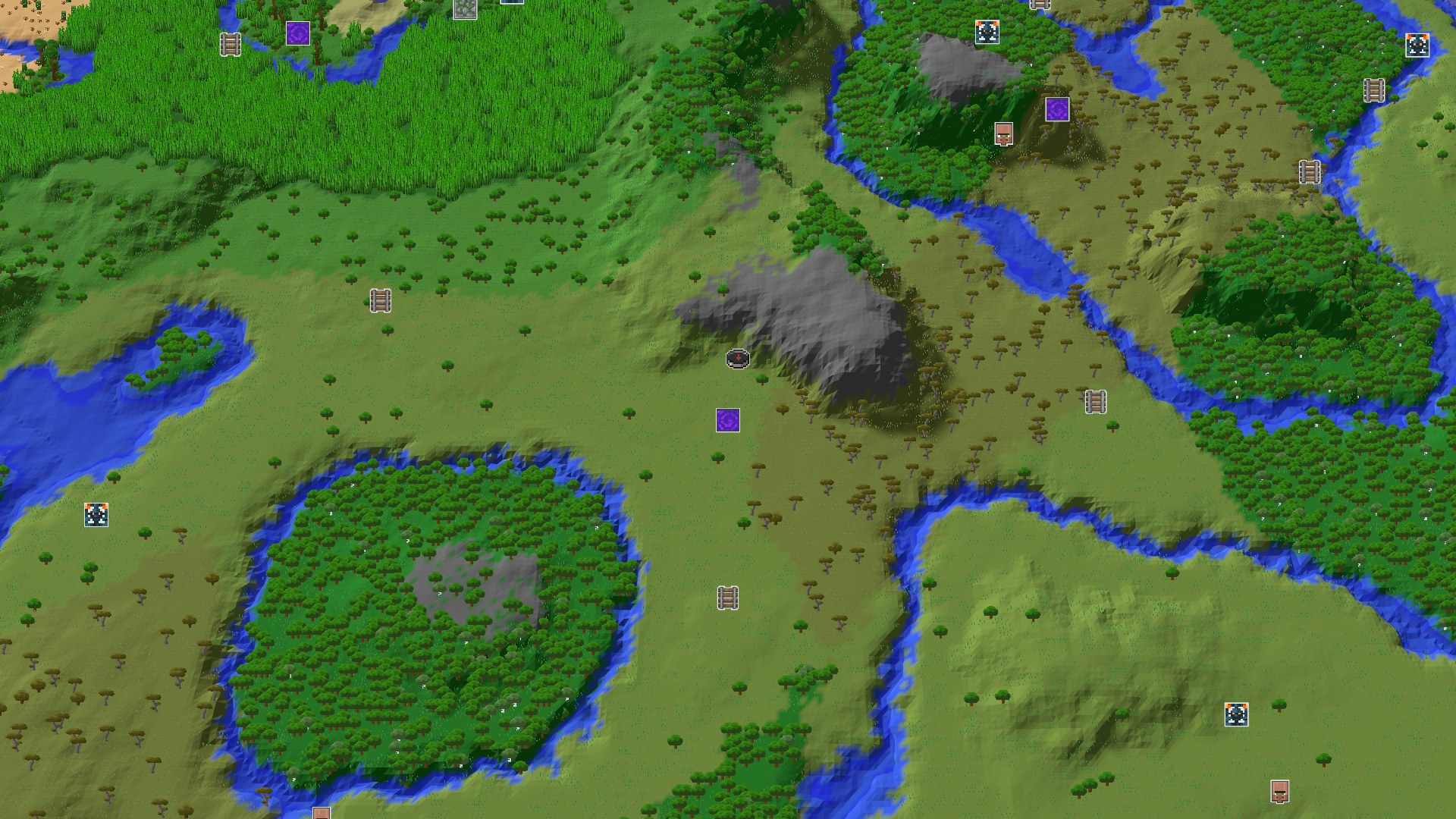 An overhead view of a mostly flat, green plains biome with scattered trees, a few small rivers, and a darker, rockier hill to the north of the spawn point.