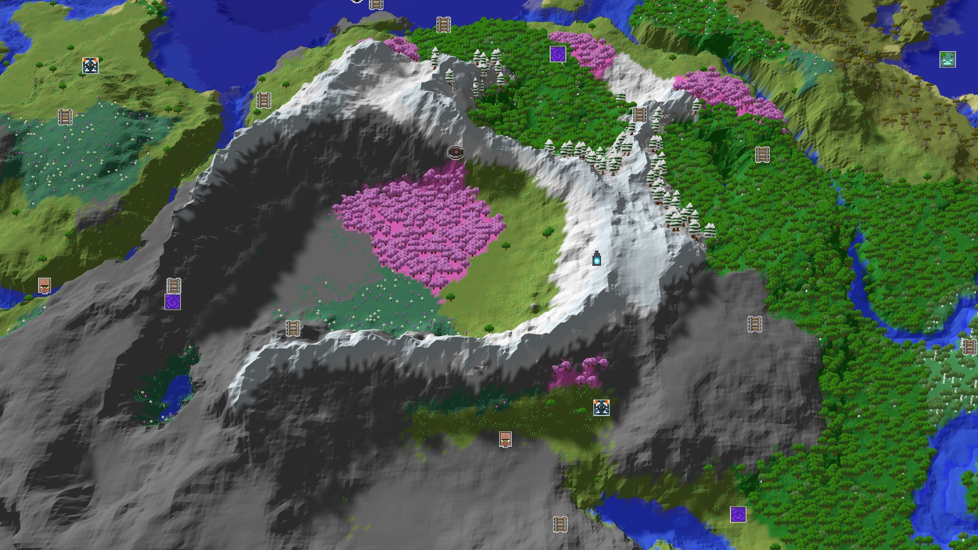 Aerial Minecraft seed map — A Cherry Grove Start with Nearby Ancient Wonders