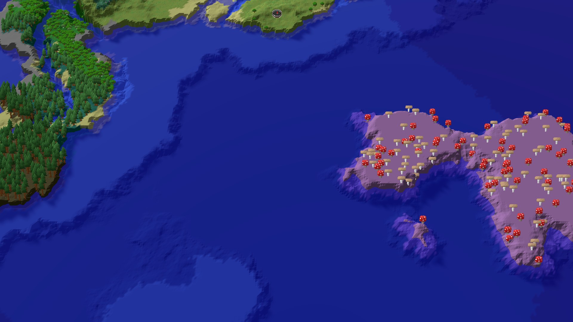 An overhead map view showing a large expanse of deep blue ocean, a green plains biome with a spawn marker, a pine forest, and a large purple island covered in red-capped mushrooms.