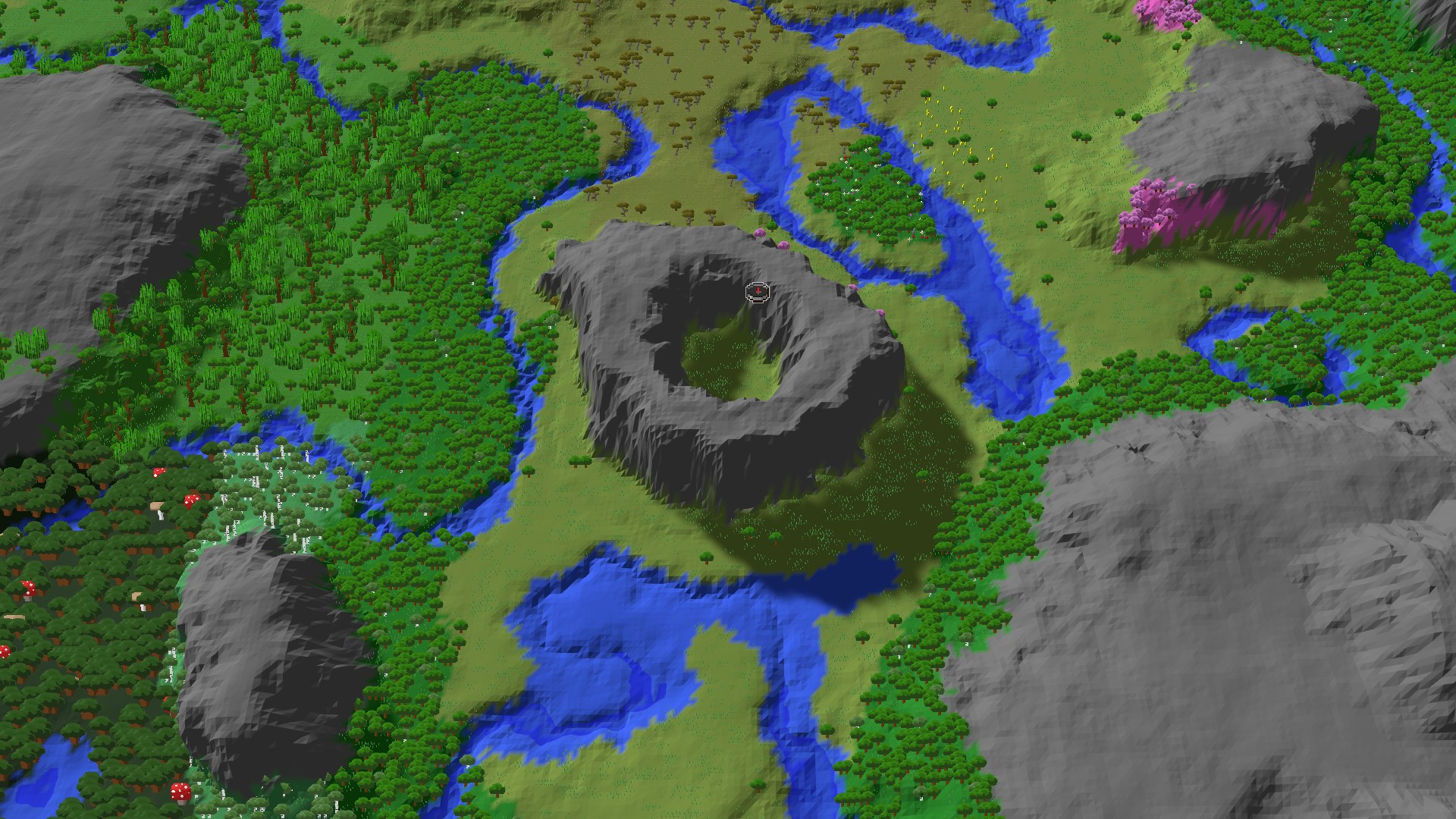 Aerial Minecraft seed map — Cherry Grove Spawn and an Early Village