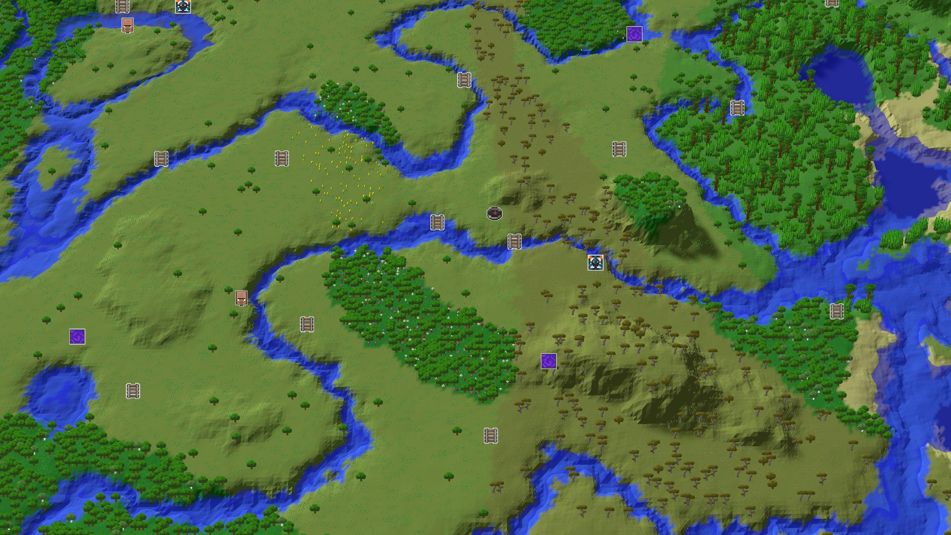Aerial Minecraft seed map — A Lush Start with Nearby Amethyst and Mineshaft