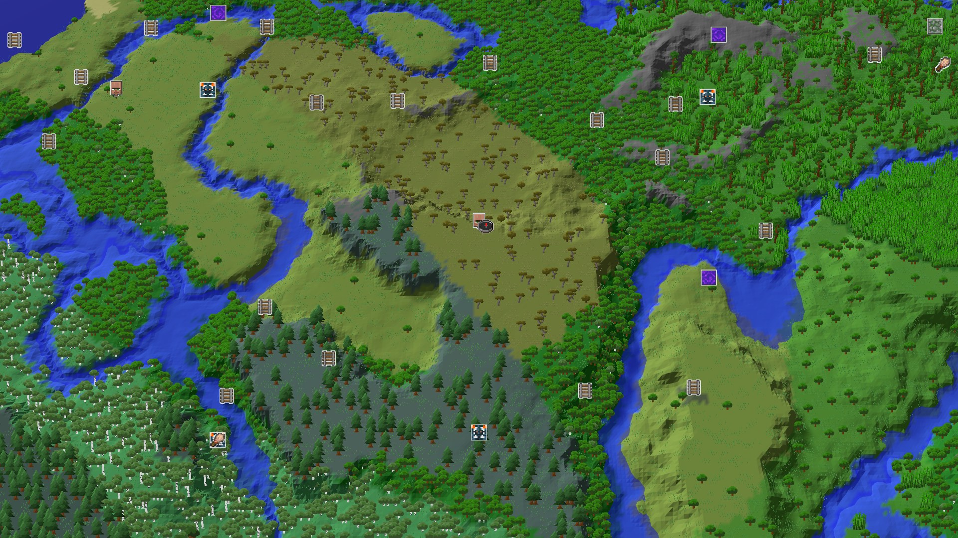 Aerial Minecraft seed map — Savanna Village Start with Close Amethyst and Trial Chambers