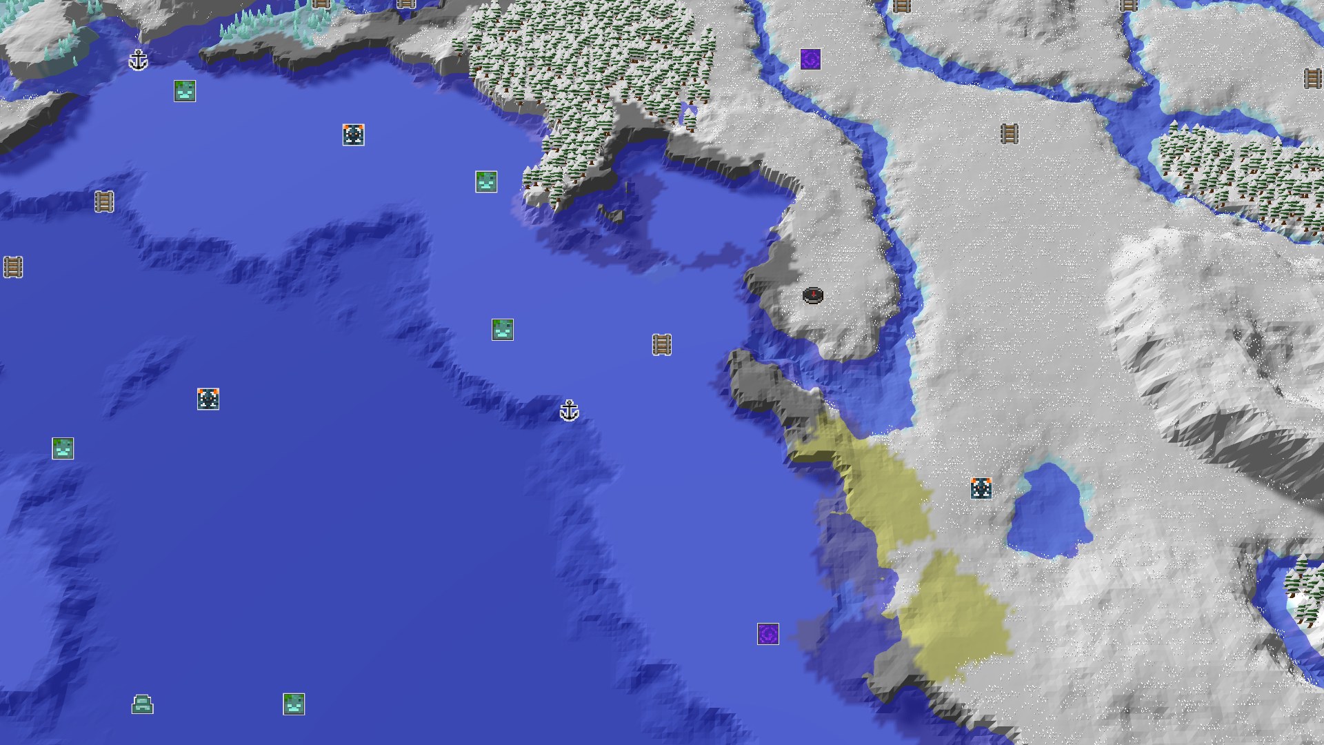 Aerial Minecraft seed map — A Frozen Start with a Nearby Amethyst Geode