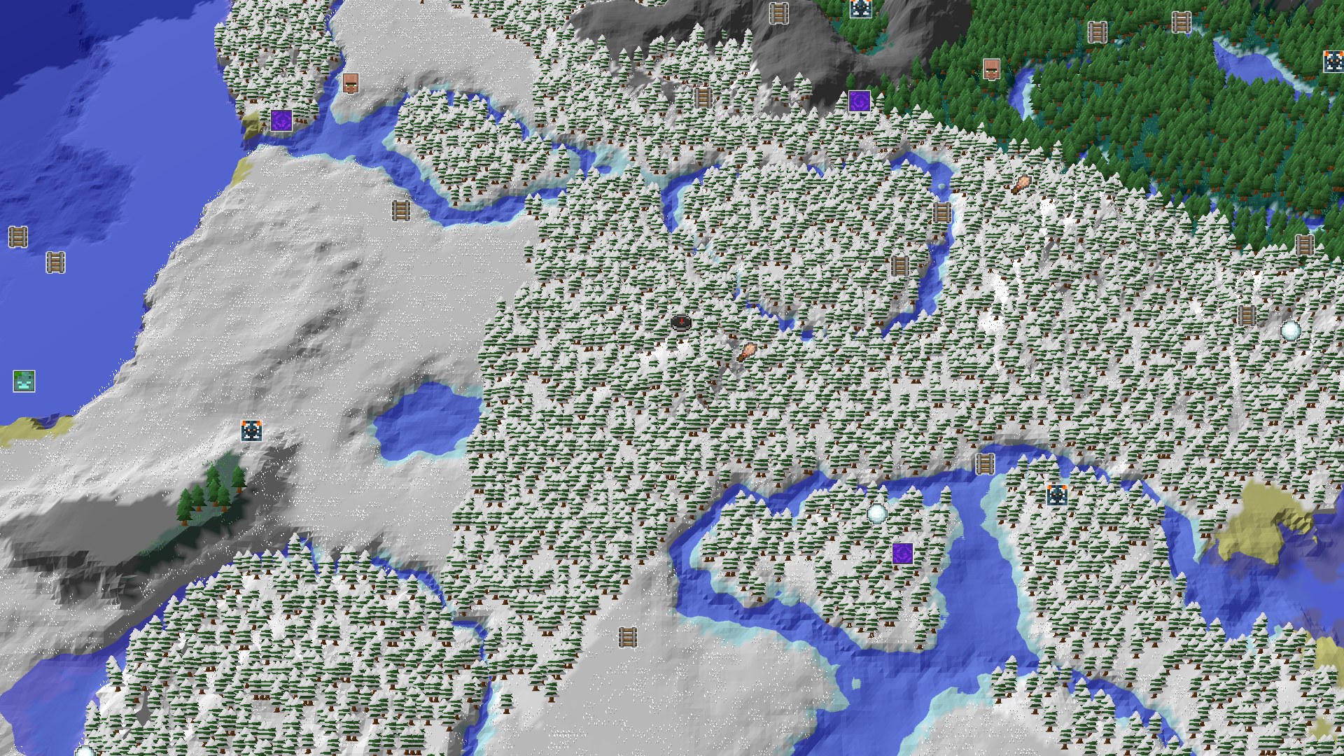 Aerial Minecraft seed map — A Snowy Start with Close Structures