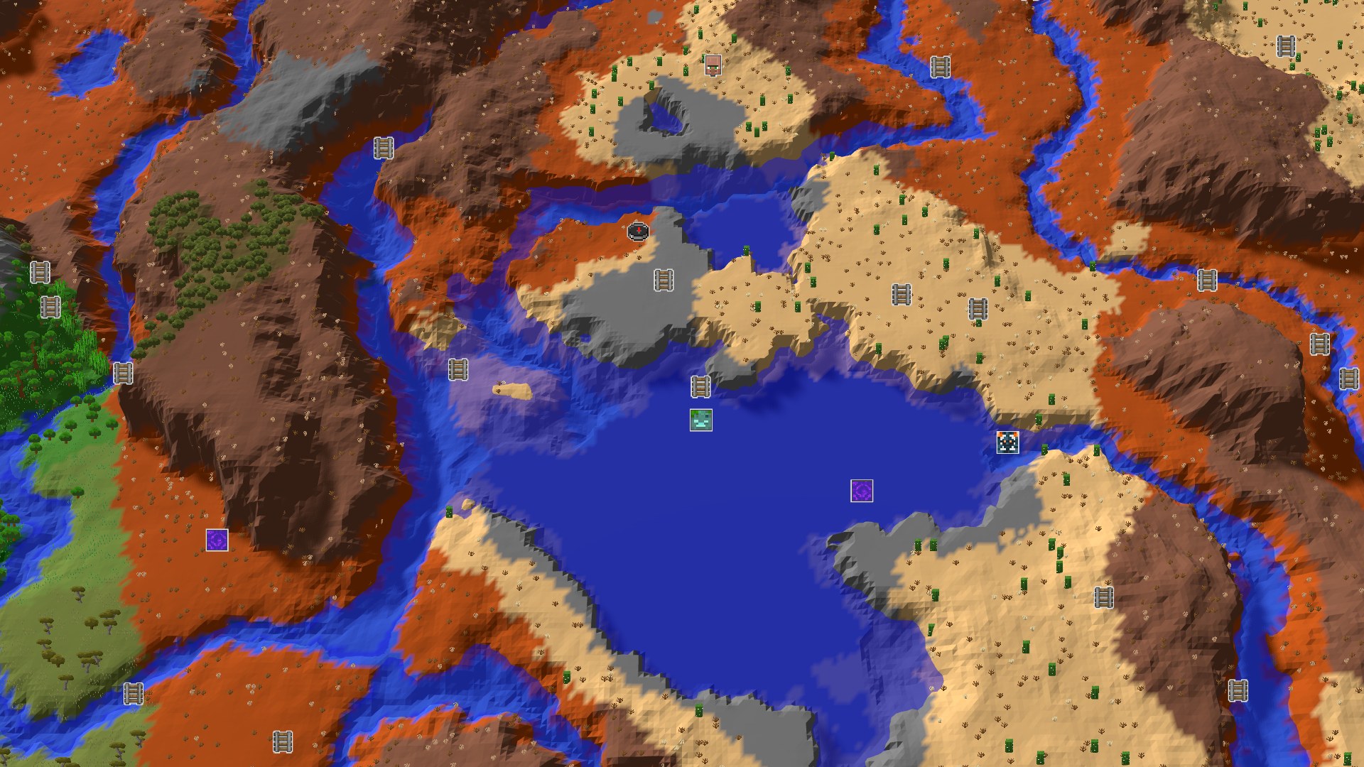 Aerial Minecraft seed map — Badlands Spawn with a Nearby Amethyst Geode