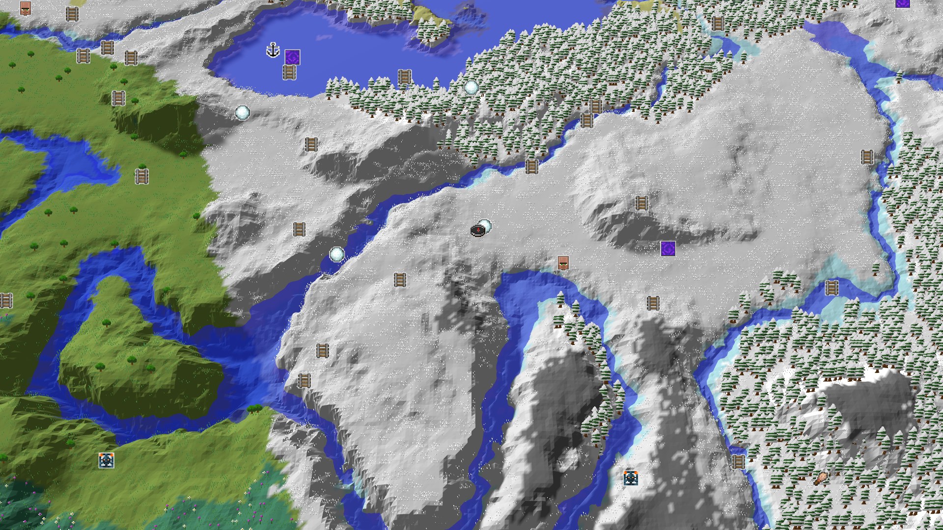 Aerial Minecraft seed map — Frozen Start with an Igloo and Nearby Amethyst Geode