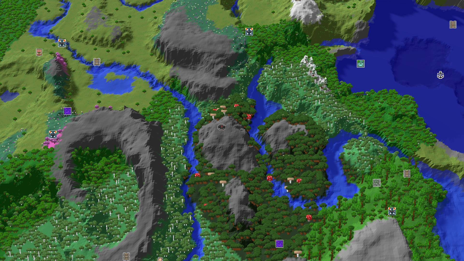 Aerial Minecraft seed map — A Dark Forest Start with Nearby Geode and Jungle