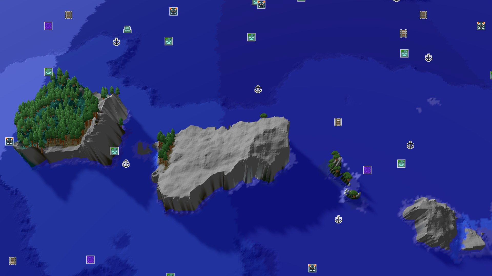 An overhead 3D view of a varied landscape around spawn, showing rolling hills and flat plains in a savanna biome, bordering a large expanse of ocean with a few small islands. Sparse trees are scattered across the land.