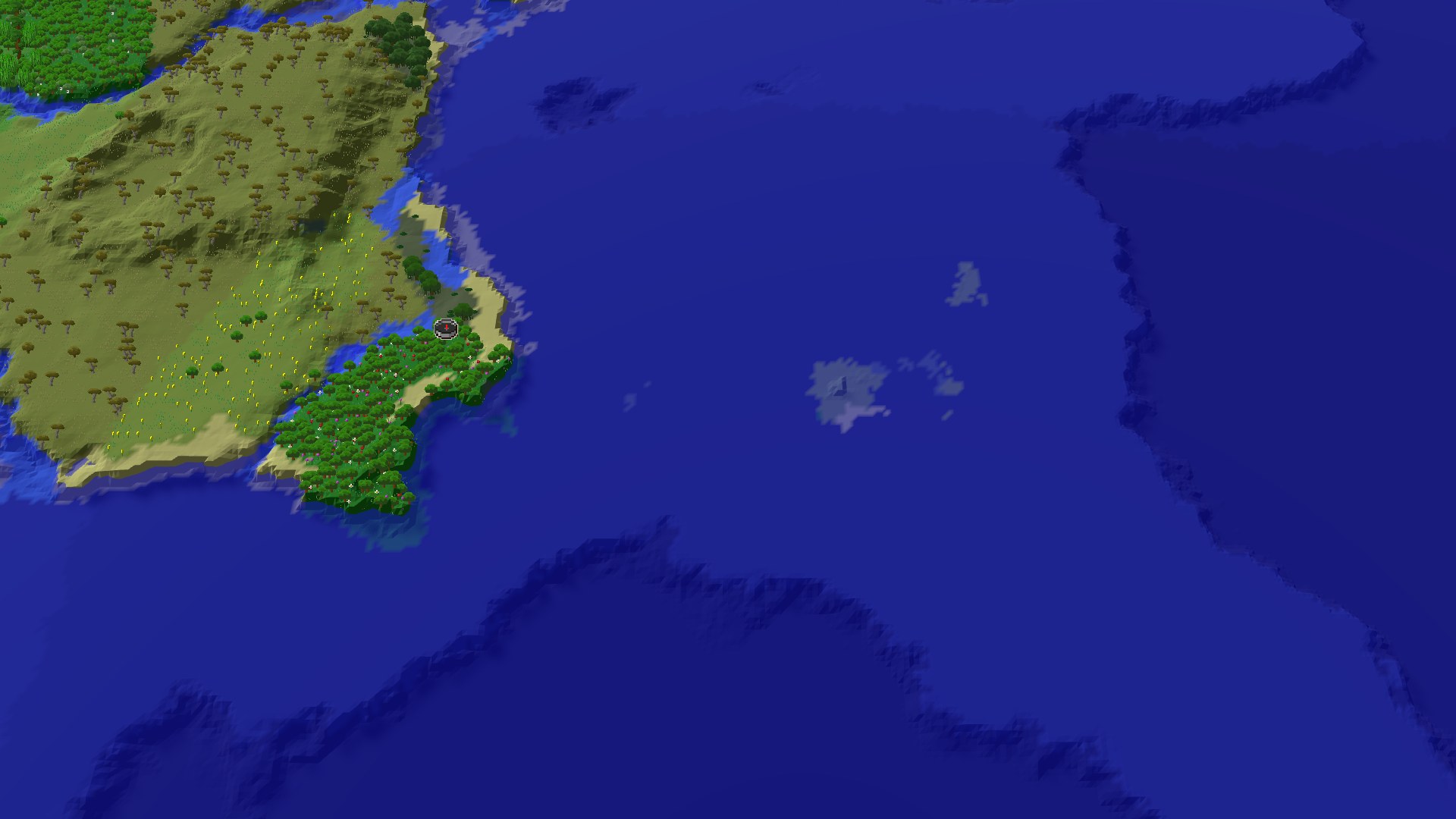 Aerial Minecraft seed map — A Flower Forest Start with Hidden Treasures