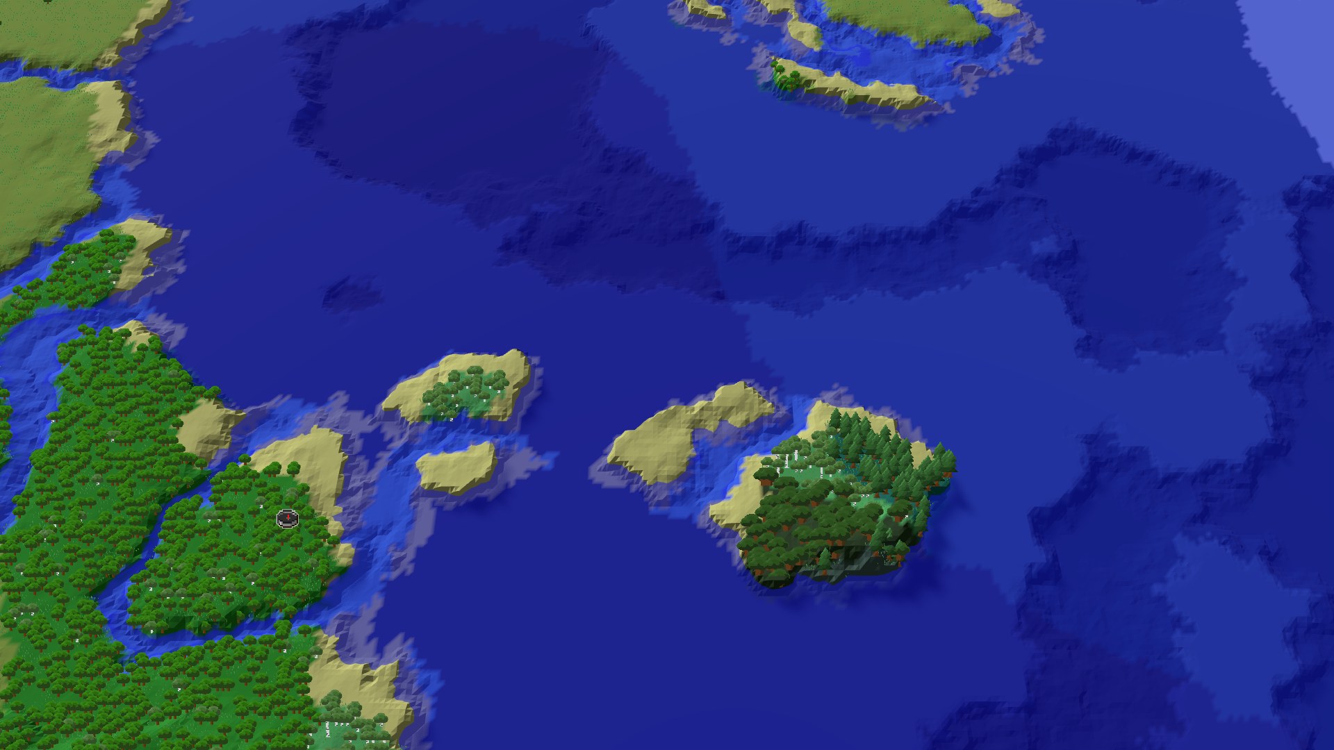 Aerial Minecraft seed map — Forest Island Spawn with Close Buried Treasure