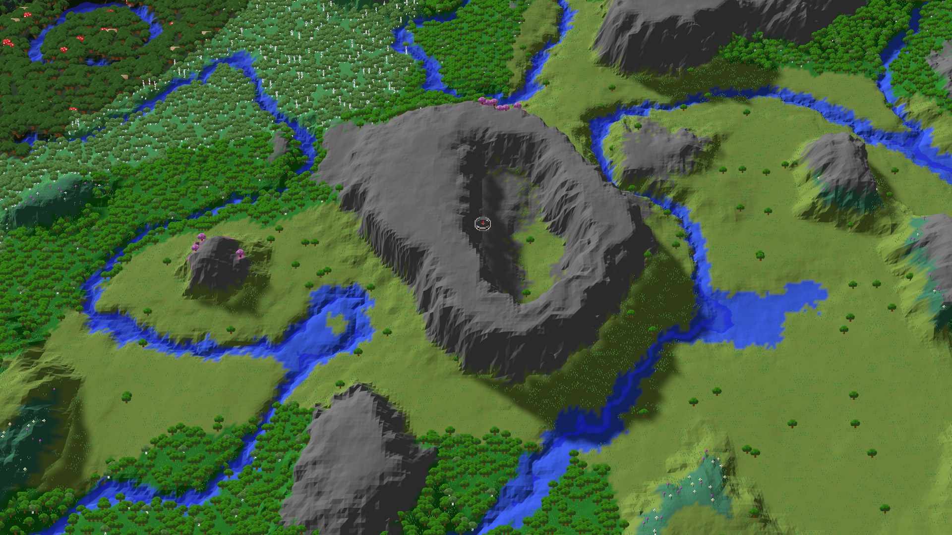 Aerial Minecraft seed map — A Cherry Grove Crater and Nearby Outpost