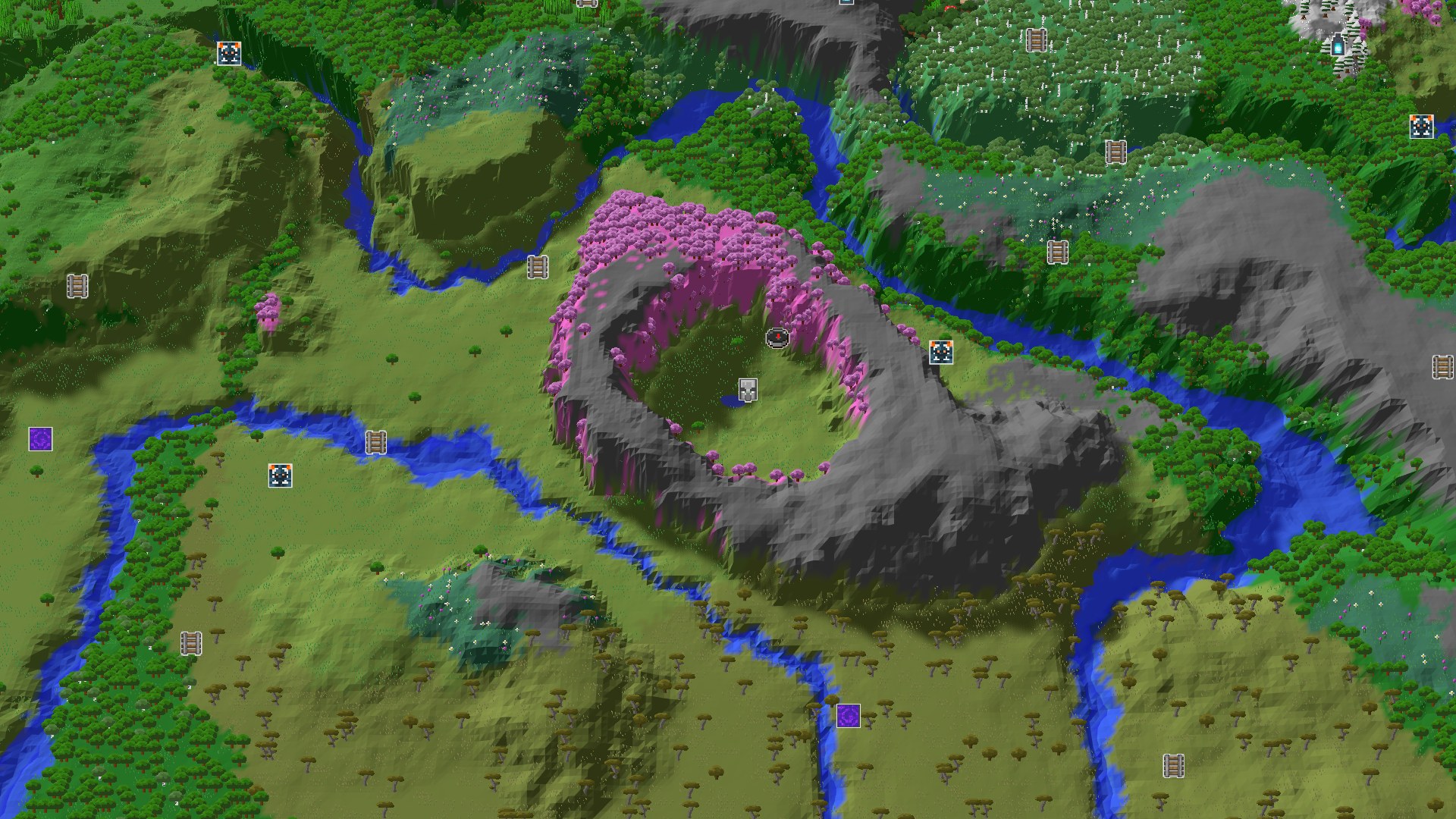 Aerial Minecraft seed map — Cherry Grove Ringed by Mountains with Early Loot
