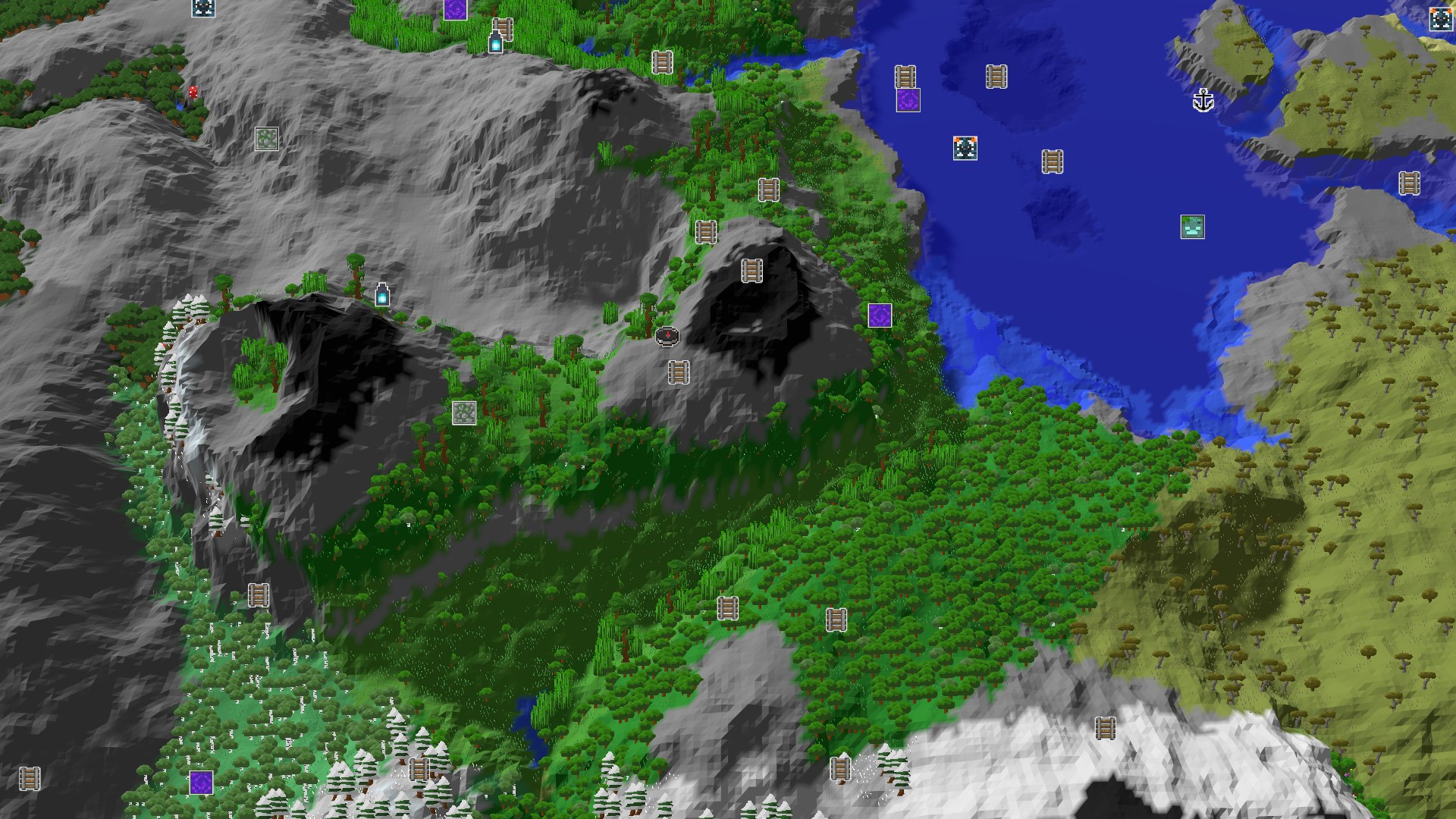 Aerial Minecraft seed map — Spawn on a Stony Peak with a Jungle Temple Nearby