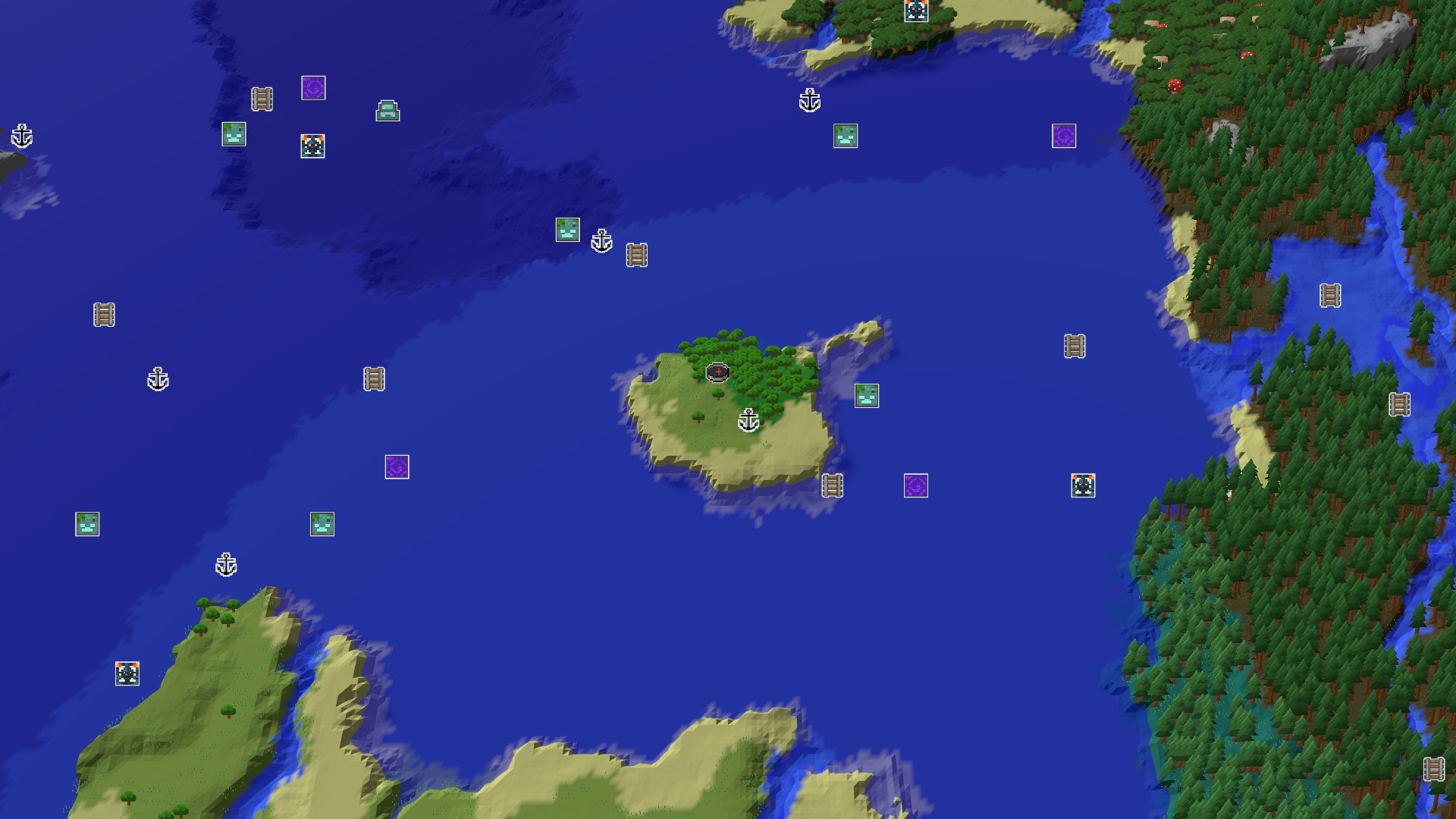 Aerial Minecraft seed map — A Modest Spawn, Close-By Amethyst Geode