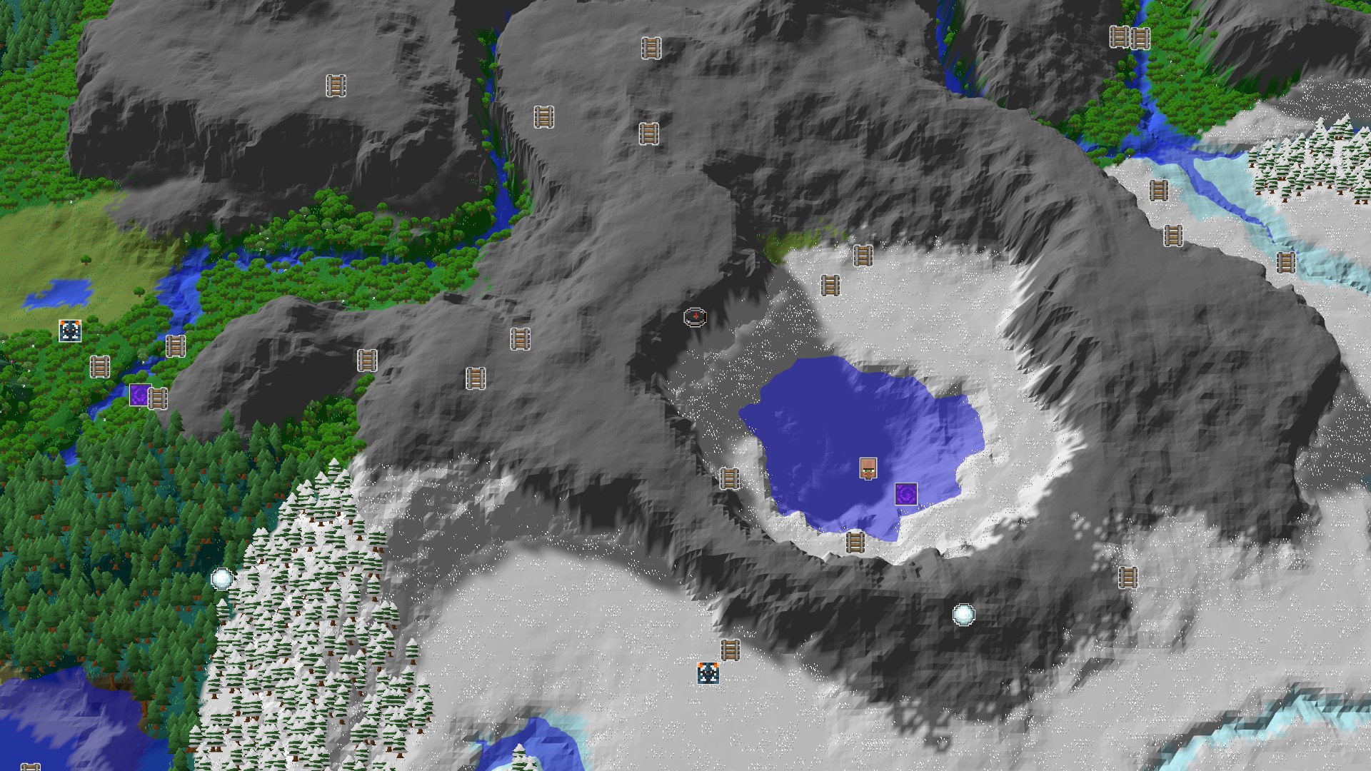 Aerial Minecraft seed map — Frozen Mountains and Forest Peaks