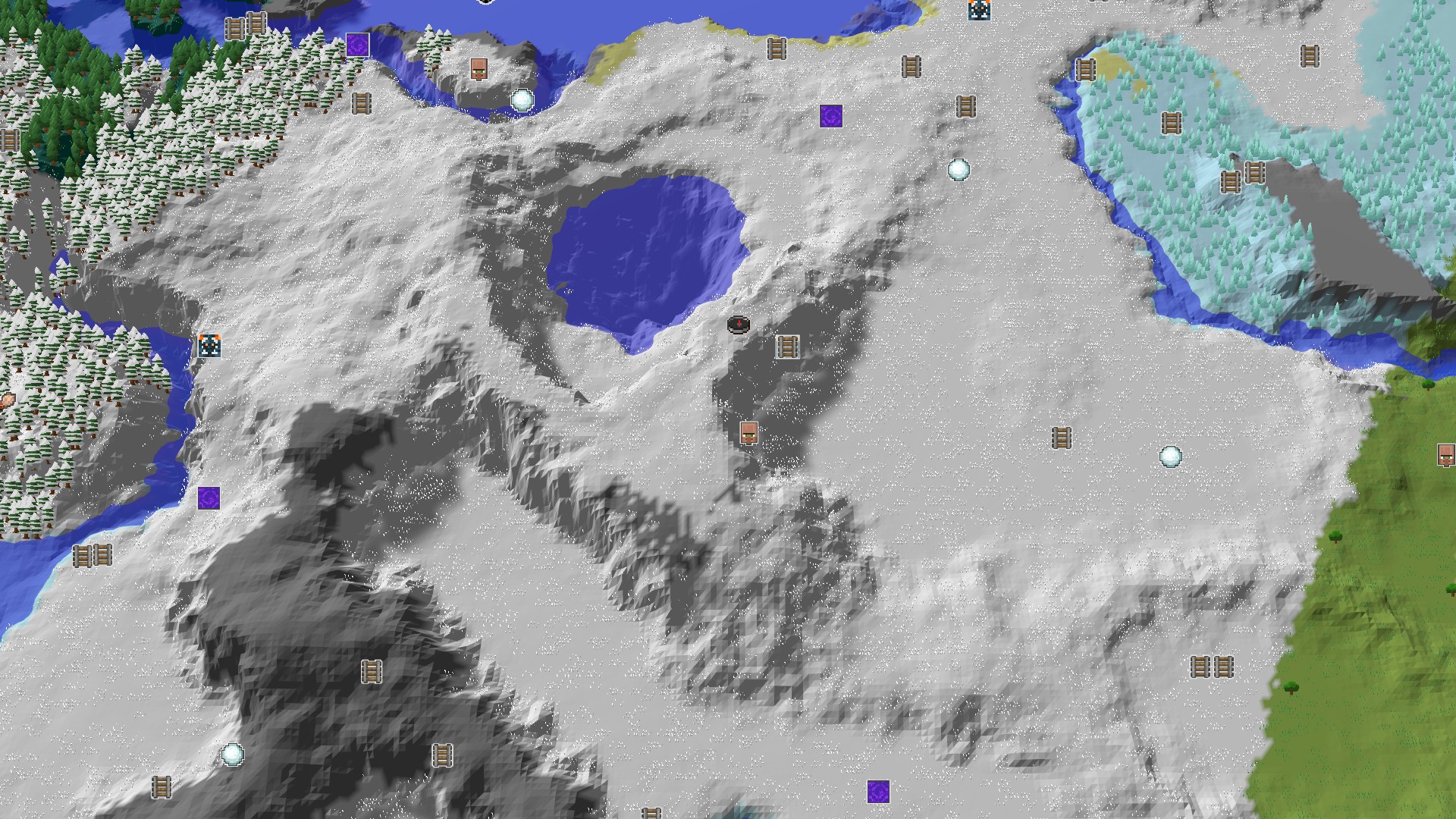 Aerial Minecraft seed map — A Snowy Start with Close Underground Treasures