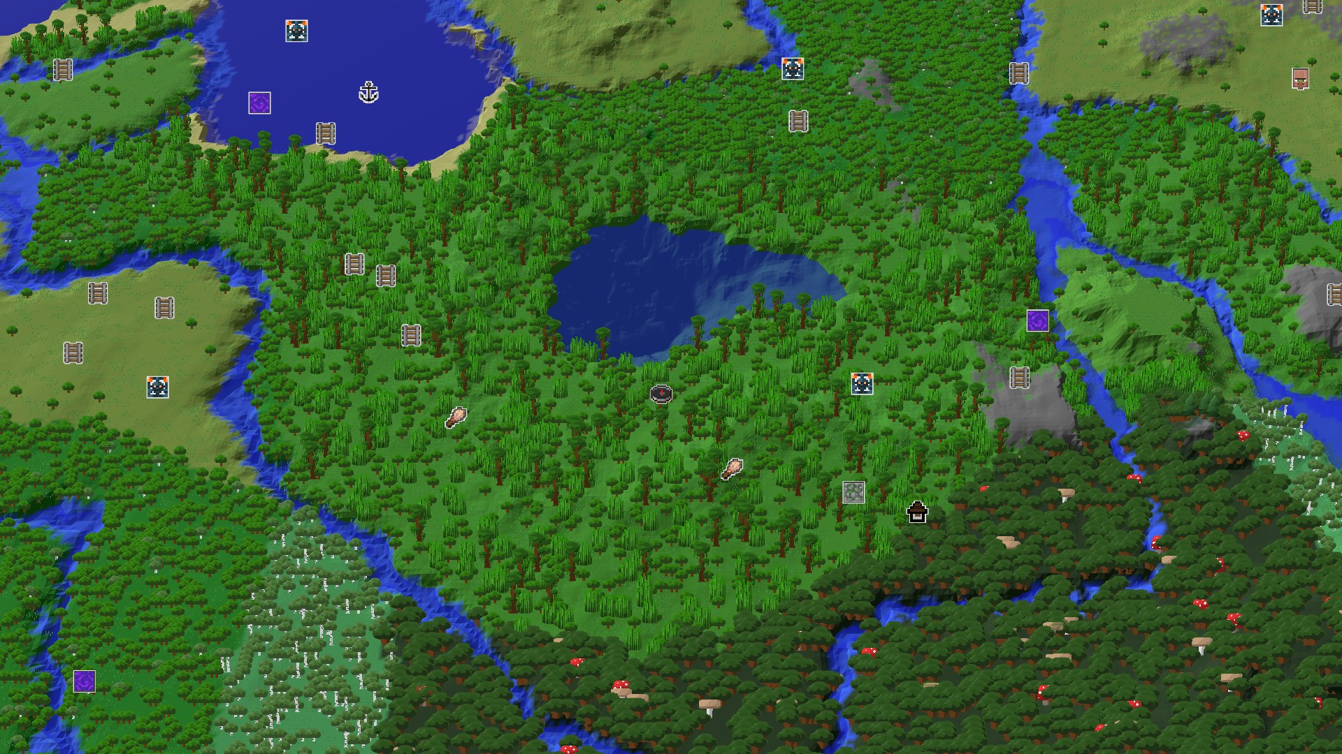 Aerial Minecraft seed map — A Jungle Journey with Close Amethyst and Trail Ruins