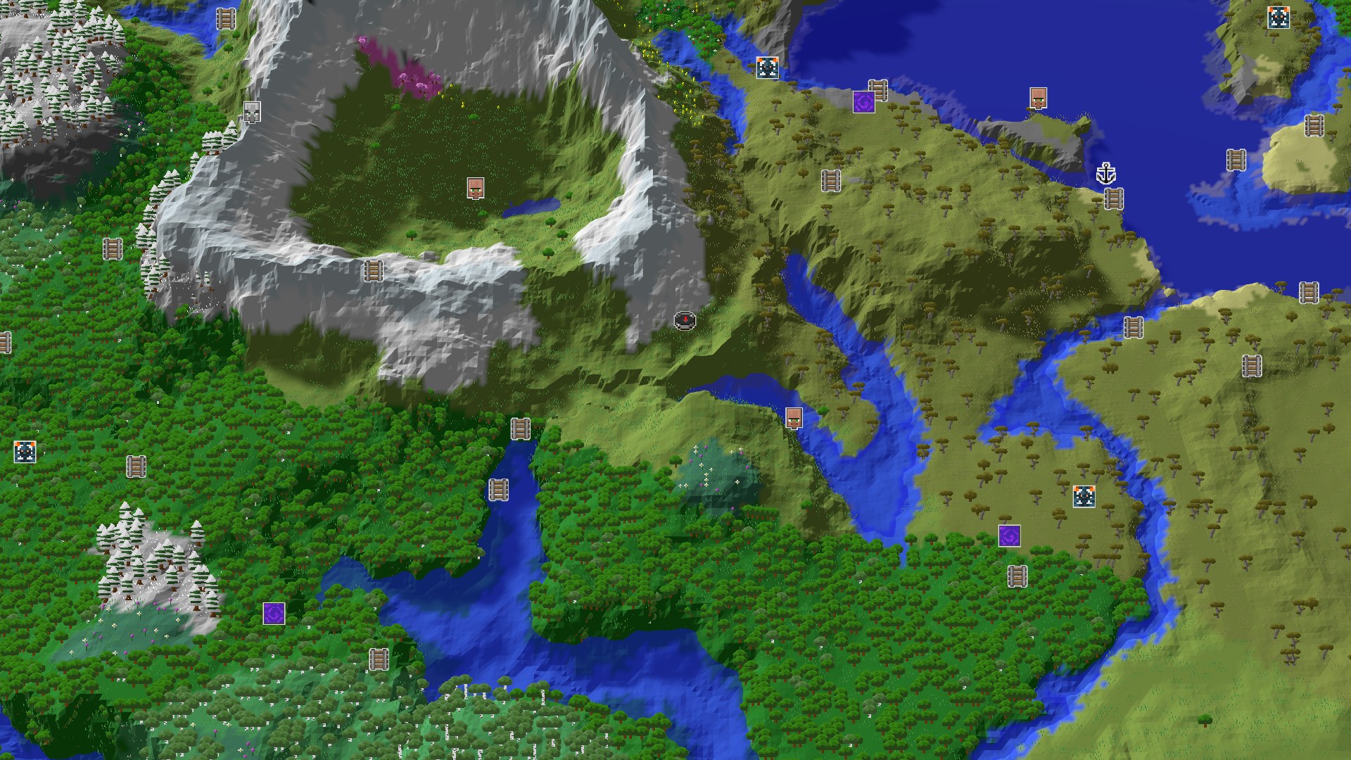 Aerial Minecraft seed map — Spawn in Plains with Mountains and a Cherry Grove Nearby