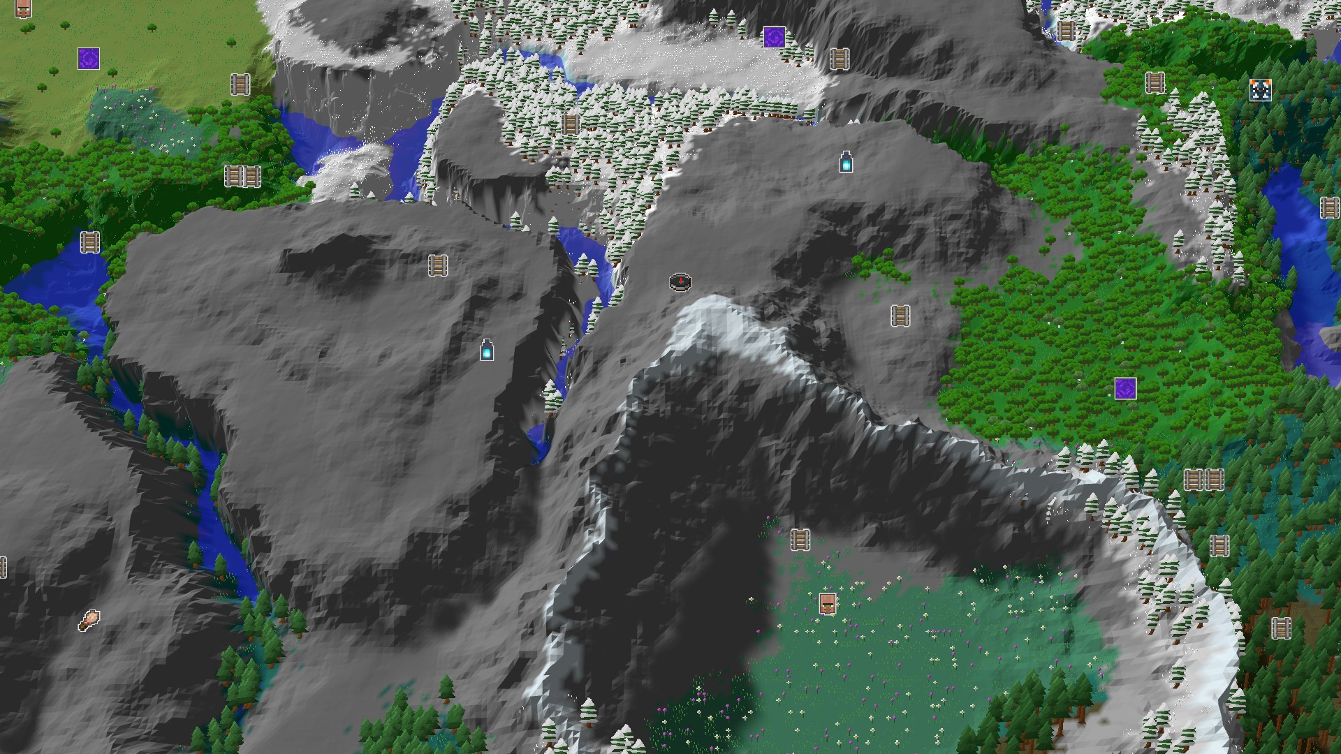 Aerial Minecraft seed map — Meadows and Mountains with a Close Ancient City