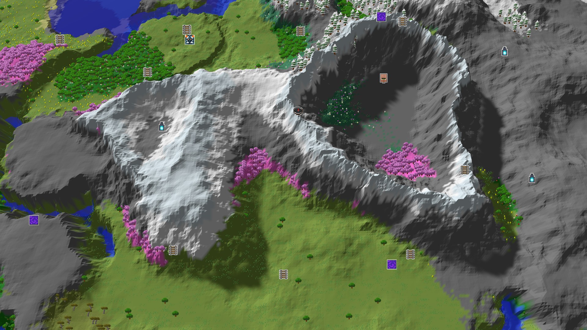 Aerial Minecraft seed map — A Mountainous Start with Nearby Cherry Groves