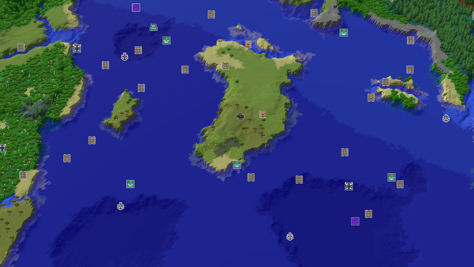 Aerial Minecraft seed map — A Savanna Island Start with Nearby Structures