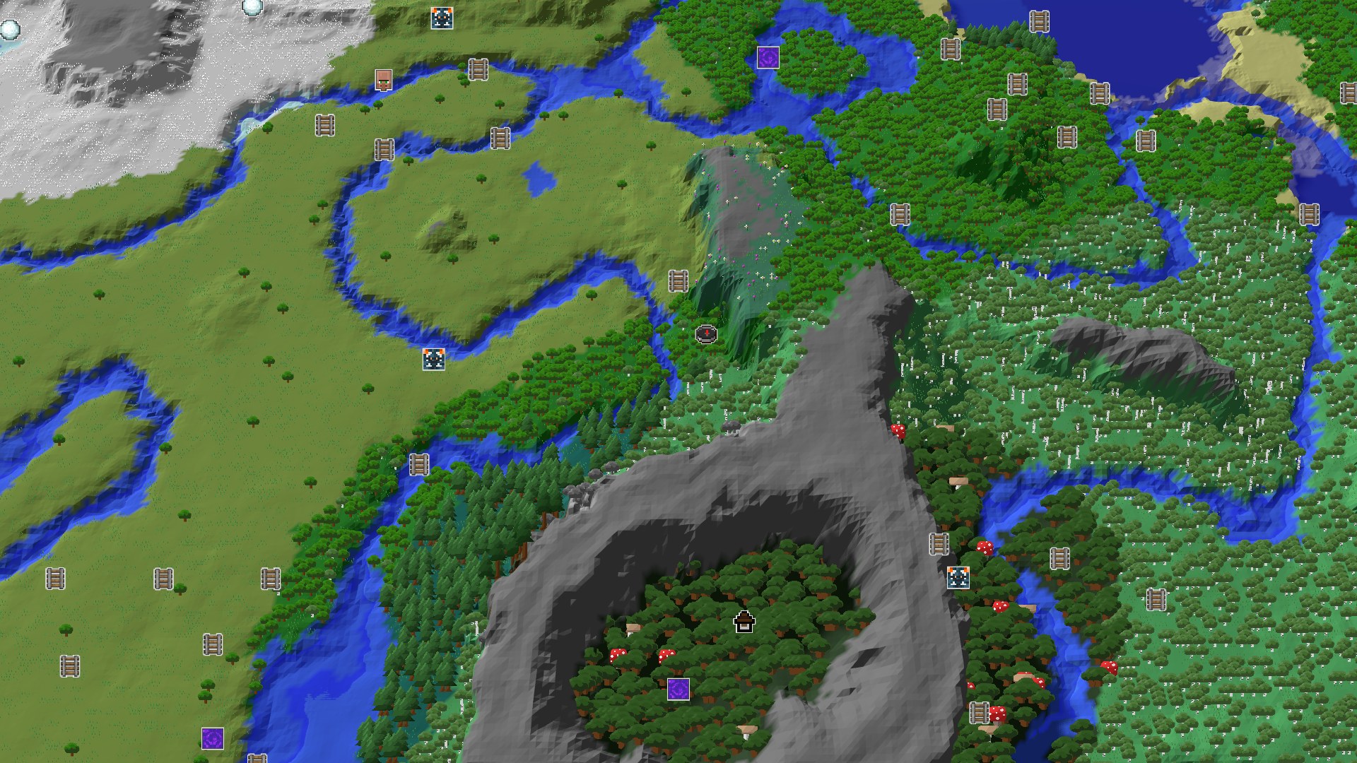 Aerial Minecraft seed map — A Lush Start with Nearby Geode and Mansion Potential