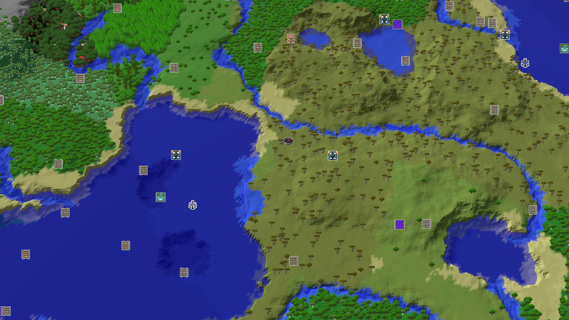 Aerial Minecraft seed map — A Savanna Start with Nearby Villages and Trials