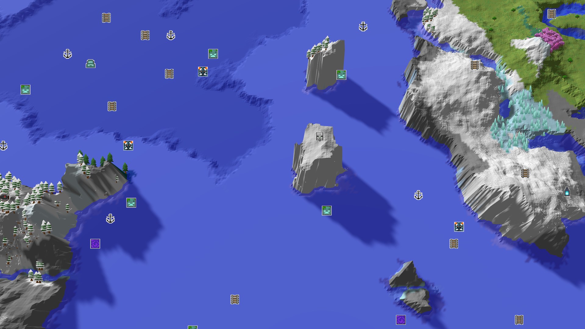 Aerial Minecraft seed map — Spawn Near a Small Island of Frozen Peaks