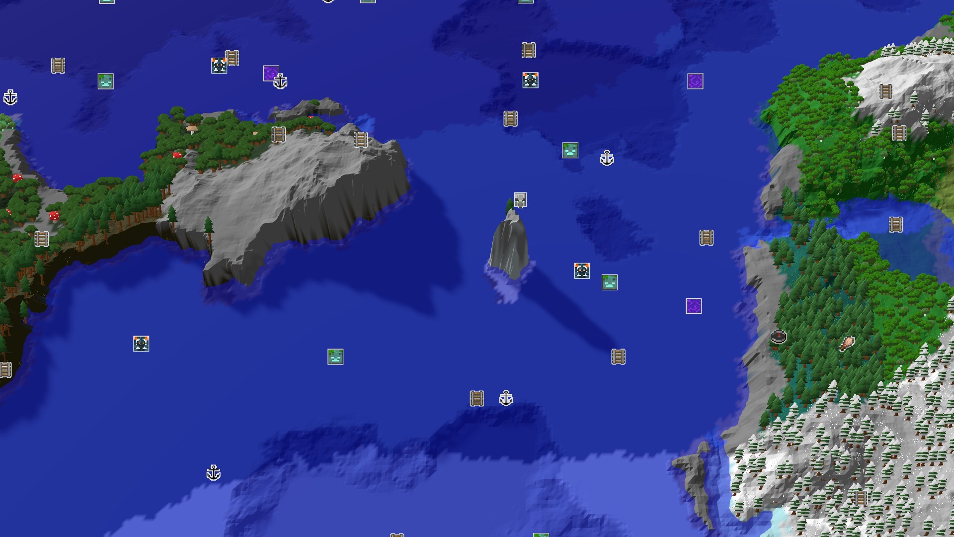 Aerial Minecraft seed map — A Cold Ocean Start with Close Geode and Peaks