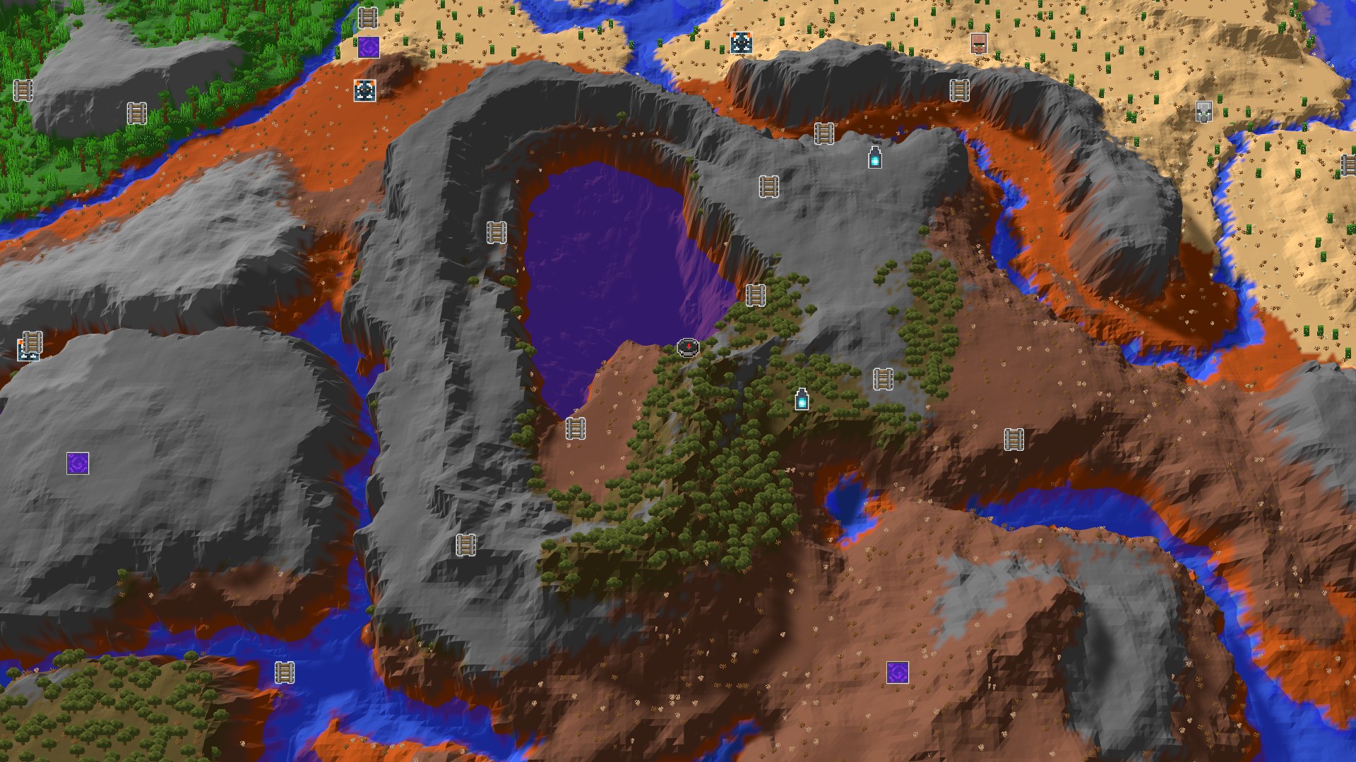 Aerial Minecraft seed map — Amethyst and Ancient City Near Badlands Spawn