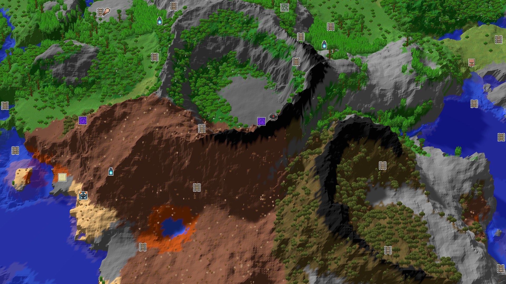 Aerial Minecraft seed map — Badlands Start with Nearby Treasures and Distant Adventures
