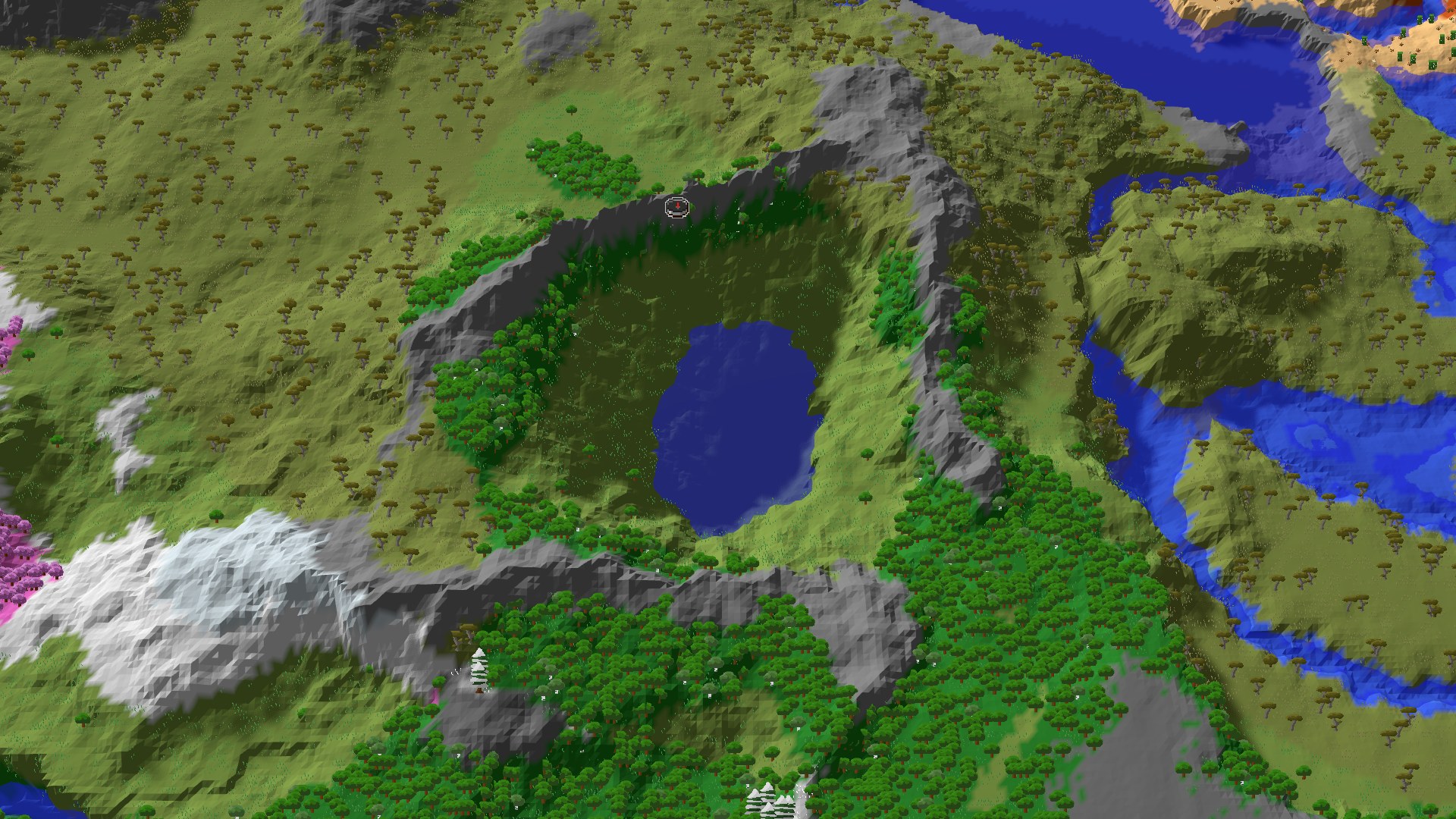Aerial Minecraft seed map — A Mountain Crater Lake with Village Nearby