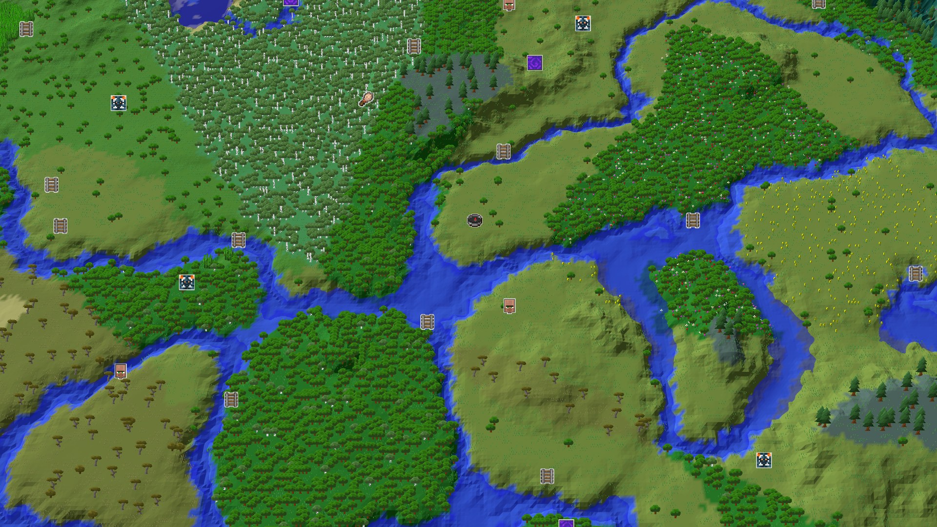 A top-down view of a varied landscape with rivers, plains, forests, and savanna, with a small marker at the center indicating spawn.