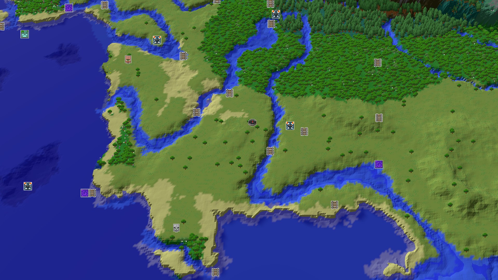 Aerial Minecraft seed map — Spawn Near a Geode with an Ocean and Forest Nearby
